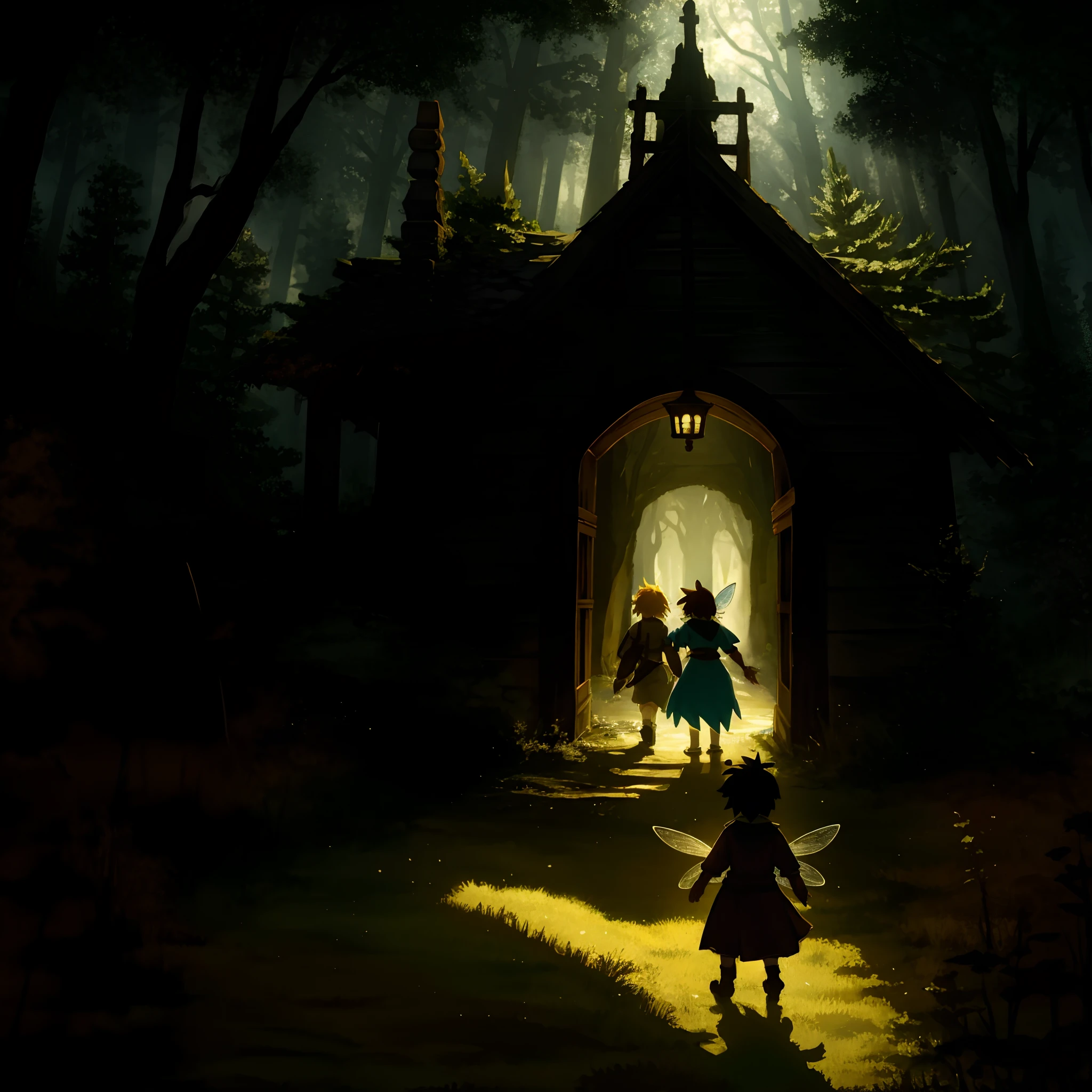 highres, paid reward available, unparalleled masterpiece, terrifying, fairy tale, Hansel and Gretel perfect anatomy, good lighting, volumetric lighting, cinematic shadow,