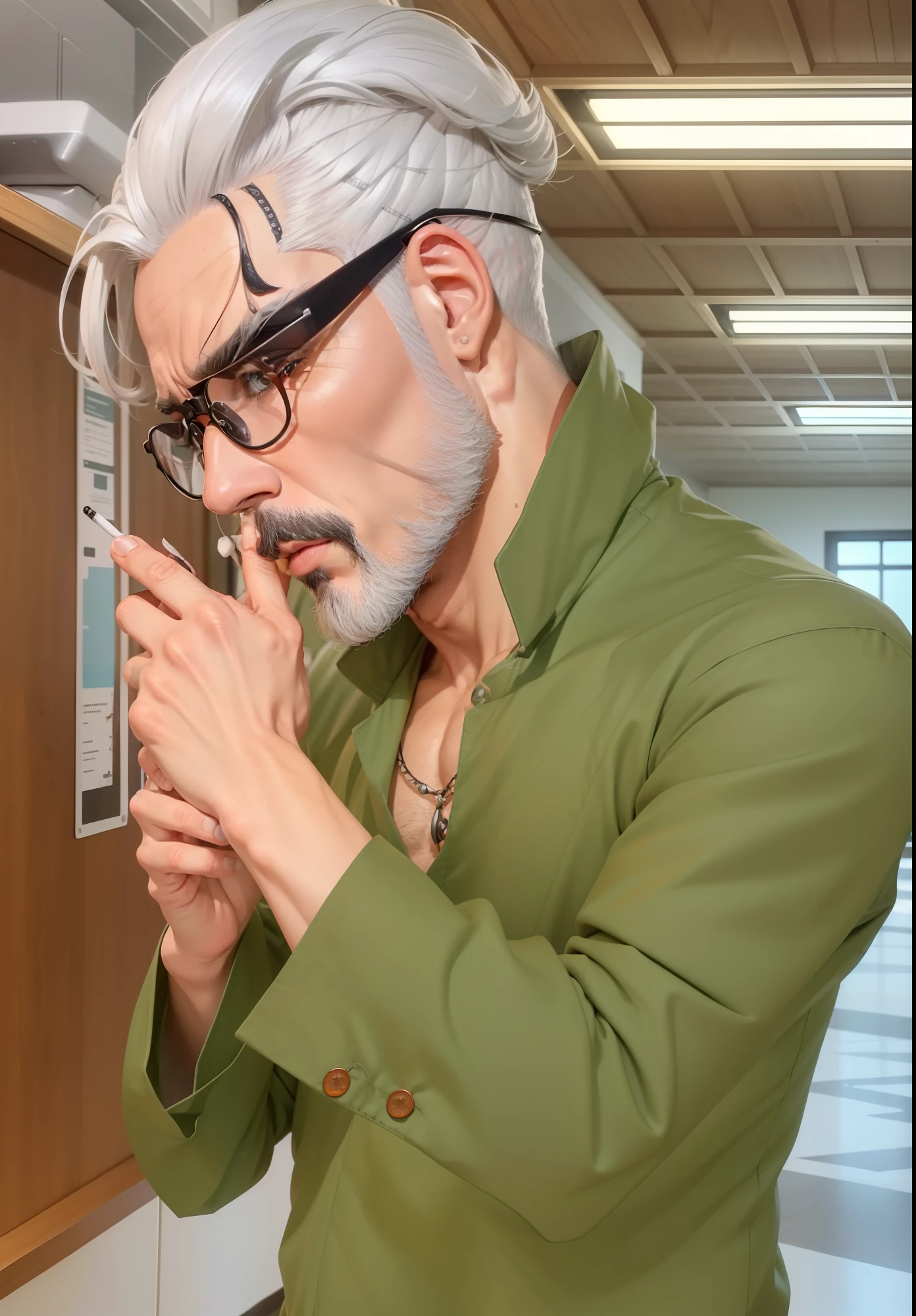 A real Life adaption of this character,his name is Amado from anime boruto ,hyper realistic ,detailed white hair and detailed White Beard , detailed black moustache ,high resolution, photorealistic,very detailed,realistic outfit, detailed shining color, The color of the glasses is orange, There is a cigarette in his hand