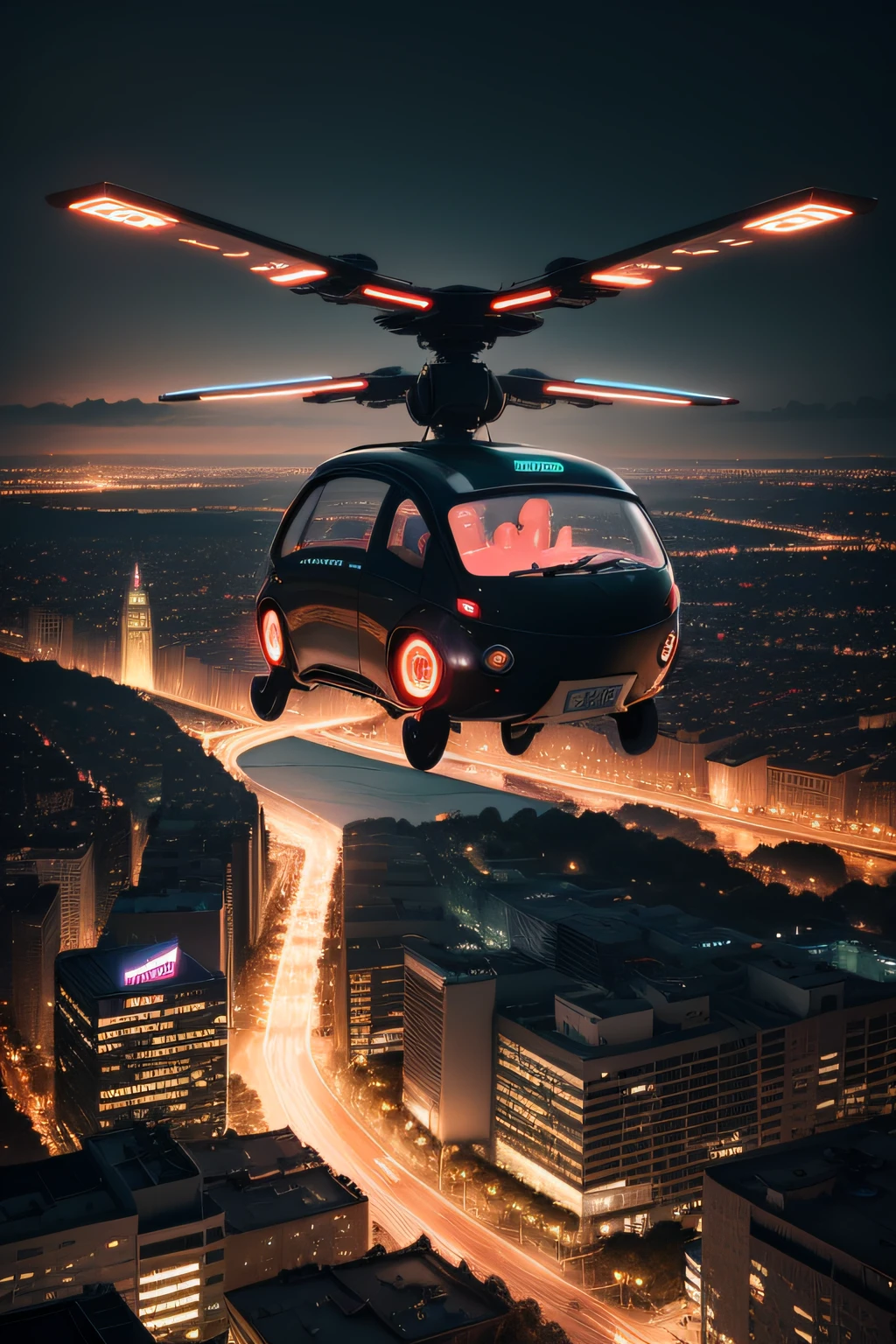 A futuristic flying car flying over a city lit up at night.