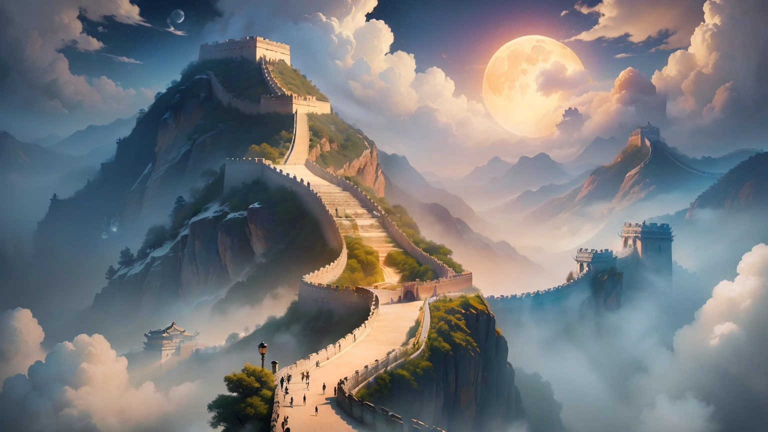 ((Magnificent+Magnificent):1.5),(Gracefully flying+The dragon is in the sky),(Qin dynasty moon+The Great Wall of Han Dynasty),(Long march),(Unreturned),(Huma Yin Mountain:0.8),16:9 aspect ratio。