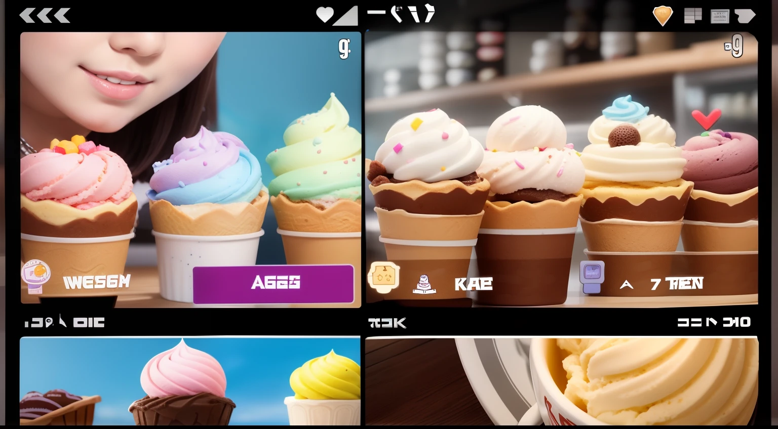 Close-up of ice cream game with many different faces,the ice cream shop， game screens hot, game footage,  game ui,game screenshot, in - game, in-game, thumbnail