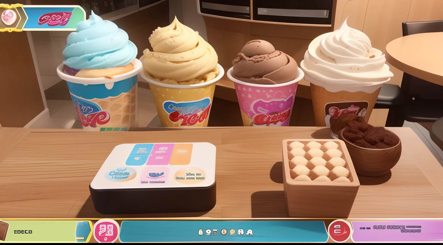 Close-up of ice cream game with many different faces,the ice cream shop, game screens hot, game footage, game ui,game screenshot, in - game, in-game, thumbnail