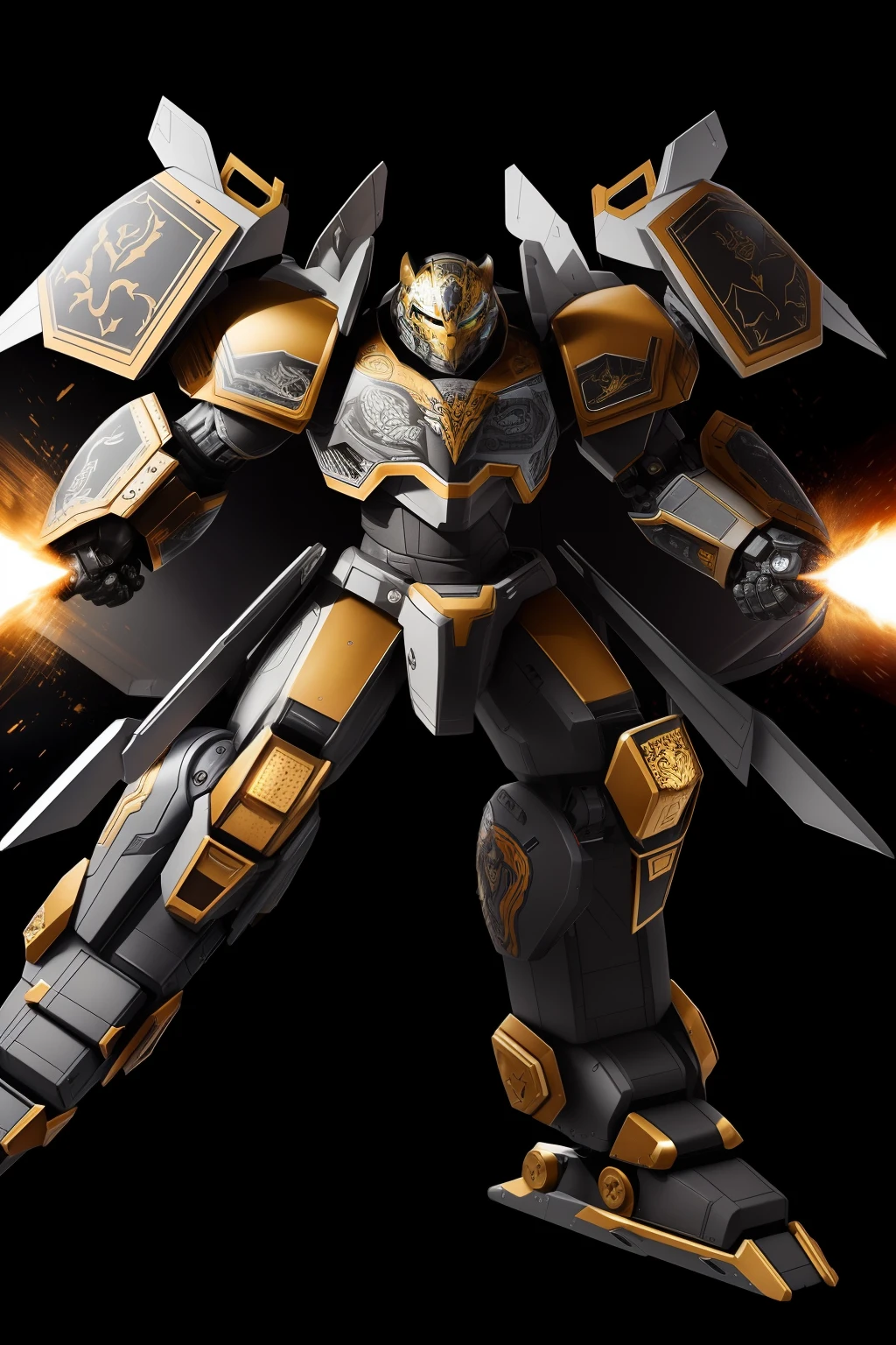 "Design advanced combat robotic armor with a design inspired by the Mexican jaguar. This armor balances the imposingness and agility of the jaguar with the power of robotic technology. The armor is larger than the wearer but still retains a functional and comfortable proportion Its exterior design reflects the elegance and ferocity of the Mexican jaguar mixed with mechanical elements, with main colors of deep black and white, and irregular spots in golden and brown tones that emulate the pattern of the jaguar's fur.The armor has an energy shield projected from the left arm, inspired by the traditional shield of the jaguar knights.In addition, it is equipped with plasma cannons on the forearms and guided missile launchers for ranged attacks.The flight system incorporates jet thrusters in the rear and retractable wings on the sides, allowing for agile and stable movement in the air.The 'Armor embodies the fusion of cultural tradition and advanced robotic technology into a single powerful package that stands out on the battlefield.'