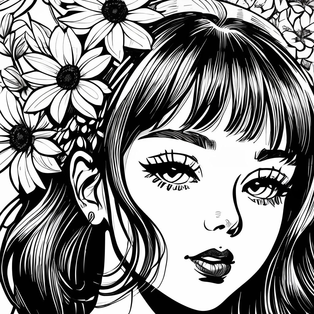 Black and white stick figure 1 girl with sun flowers in background, loli in dress with flowers, its fine ink line art, comic style, portrait of polynesian girl, Marilyn Munroe, Hollywood glam, beautiful line art, black and white comic style, manga style, manga art style, pencil and ink caricature drawing, black and white coloring --auto --s2