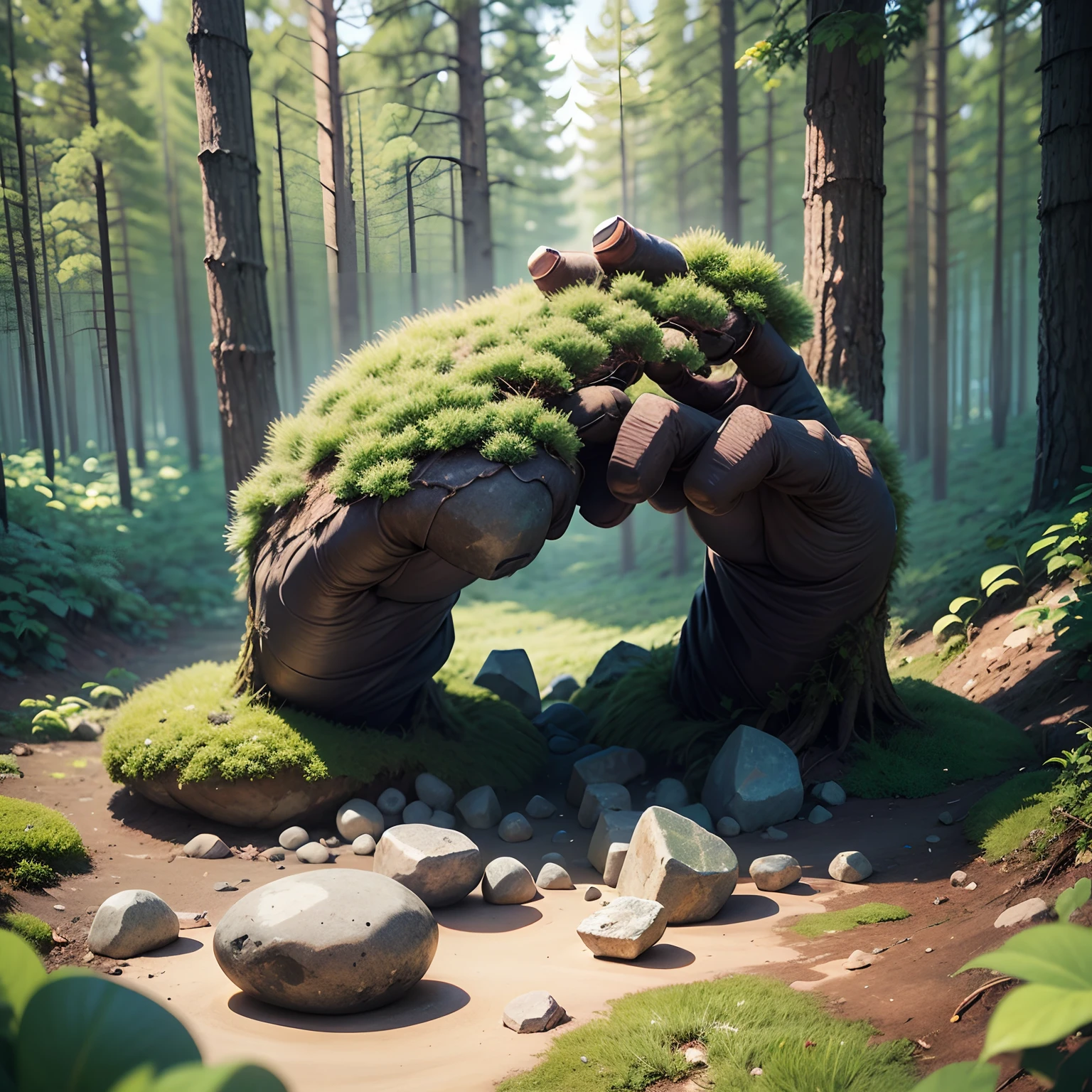 A cluster of stones in the middle of a forest in the shape of a large fist coming out of the ground. --auto --s2