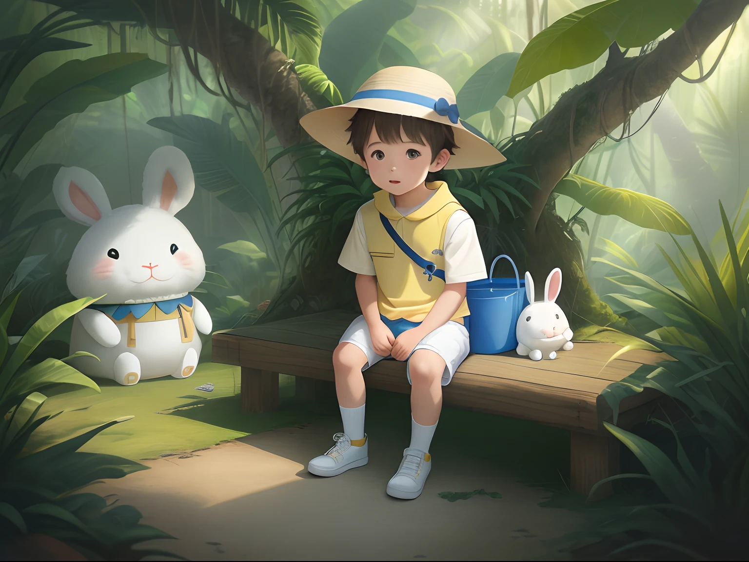 cute boy wearing yellow Bucket Hats , white shirt and blue shorts seating beside 2 very big giant fluffy white rabbit, in the fantasy jungle, cinematic anime style, fantasy jungle background,
