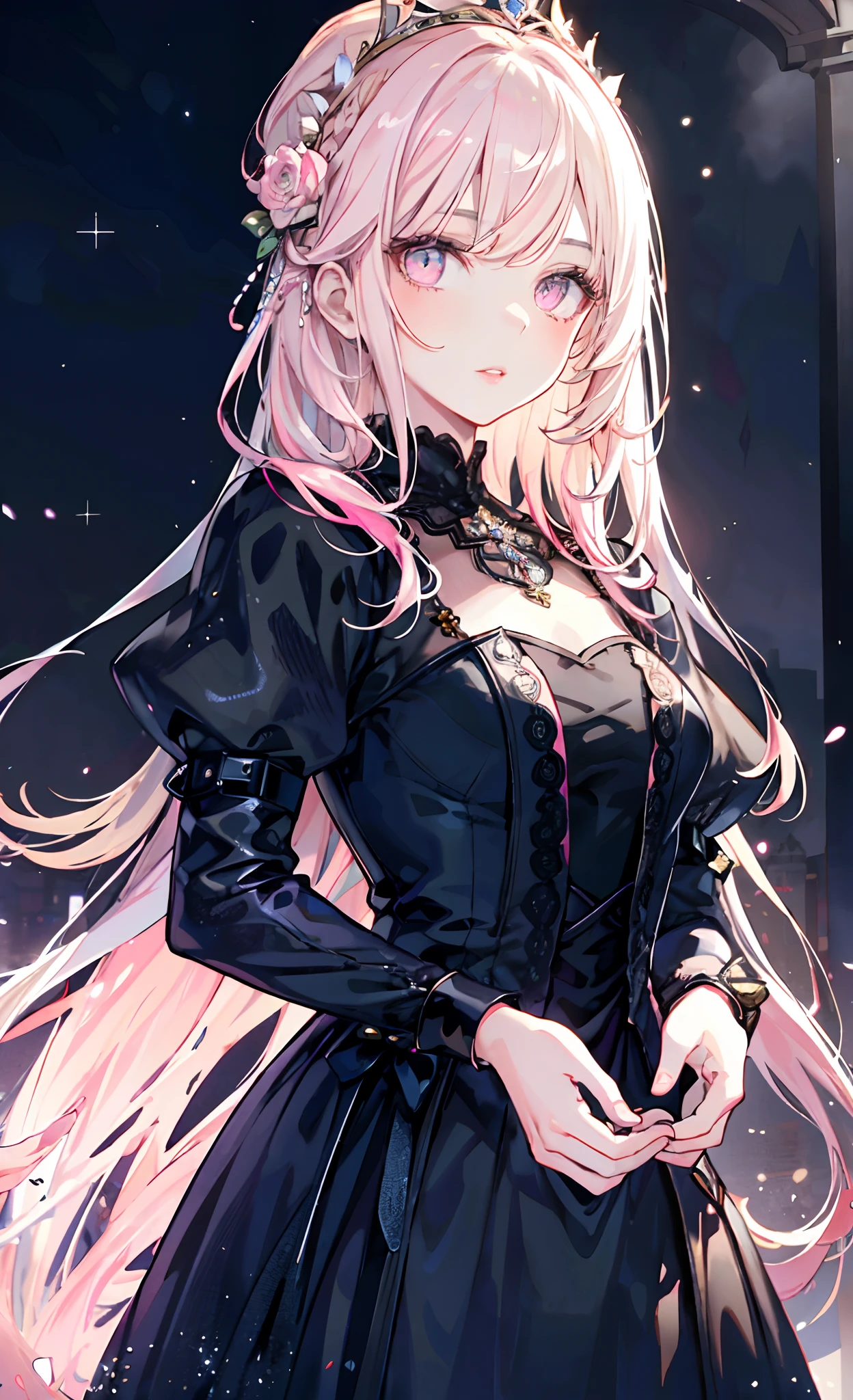 meticulous portrayal of face，1 noblewoman，a matural female，Black dress long dress，(Pink White Long Hair)，(dark night background+)，Prom，Court etiquette，  s the perfect face， Perfect lips， perfect  eyes， Perfect background
