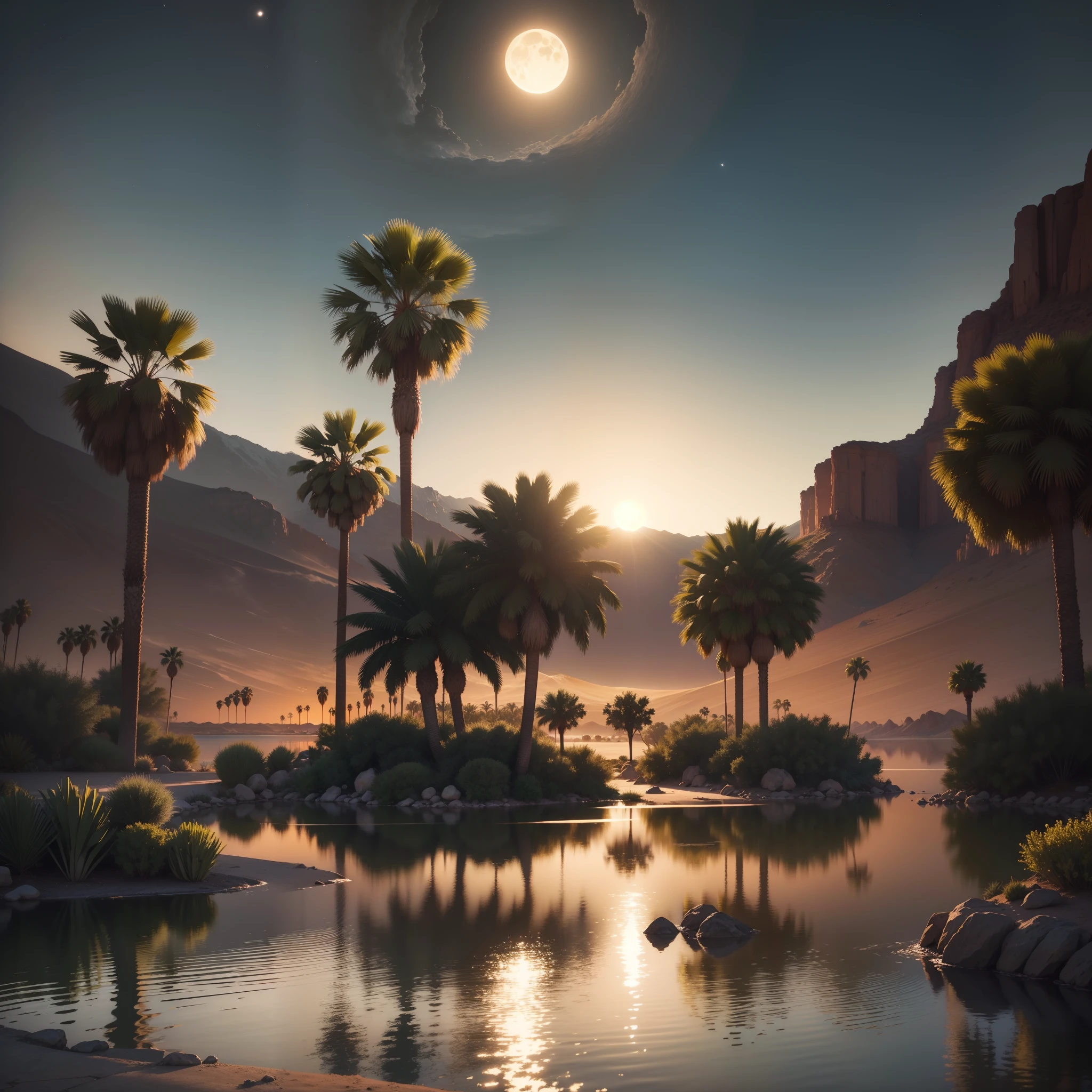 Small oasis with a small lake with three palm trees, in the center of a desert. At night with full moon that is reflected in the water. Photorealistic, hyperdetailed, high quality, 8k