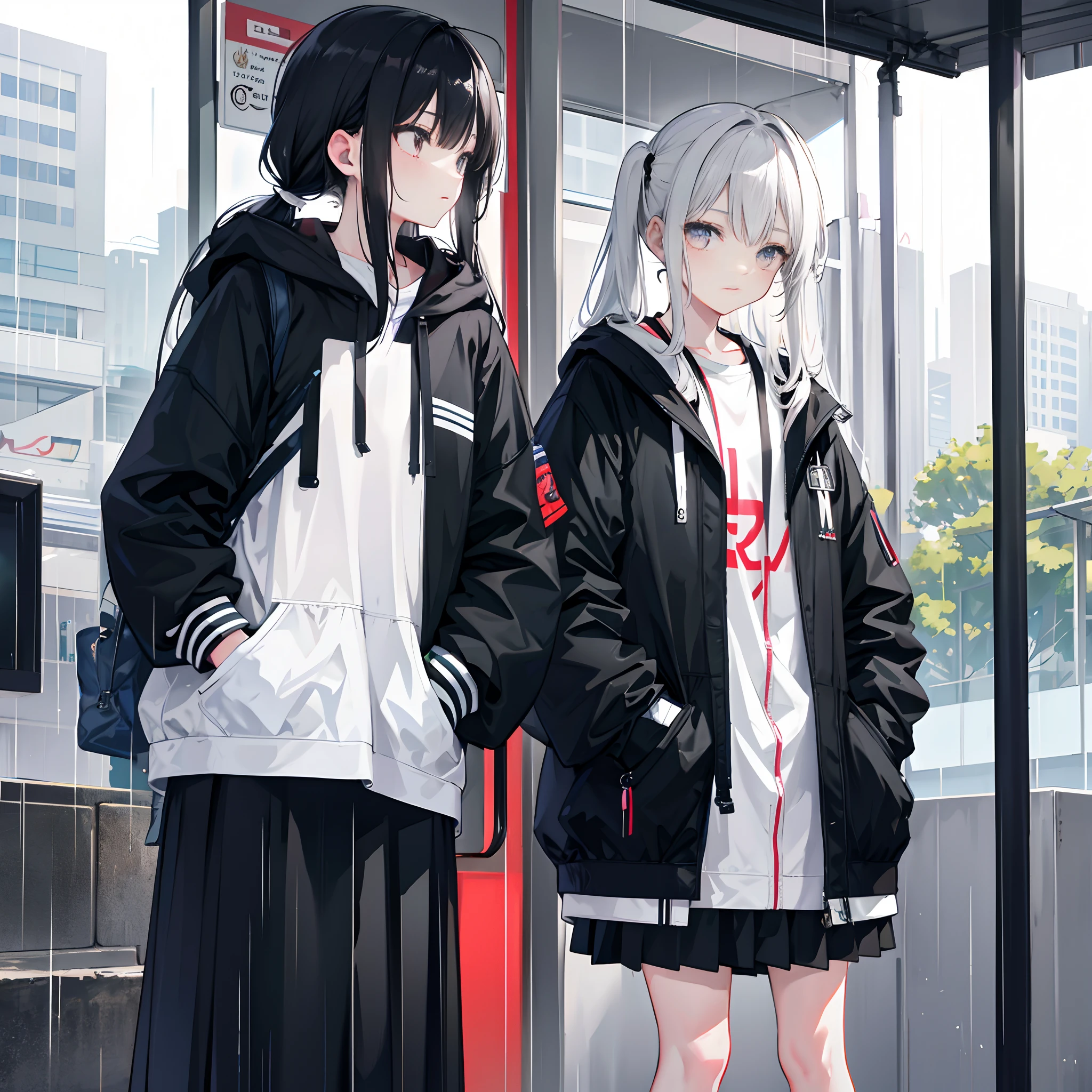 very heavy rain,Two people,Earphone,s girl,long white hair,black hair pigtails,Bus stop,Put your hands in your pockets,Eat