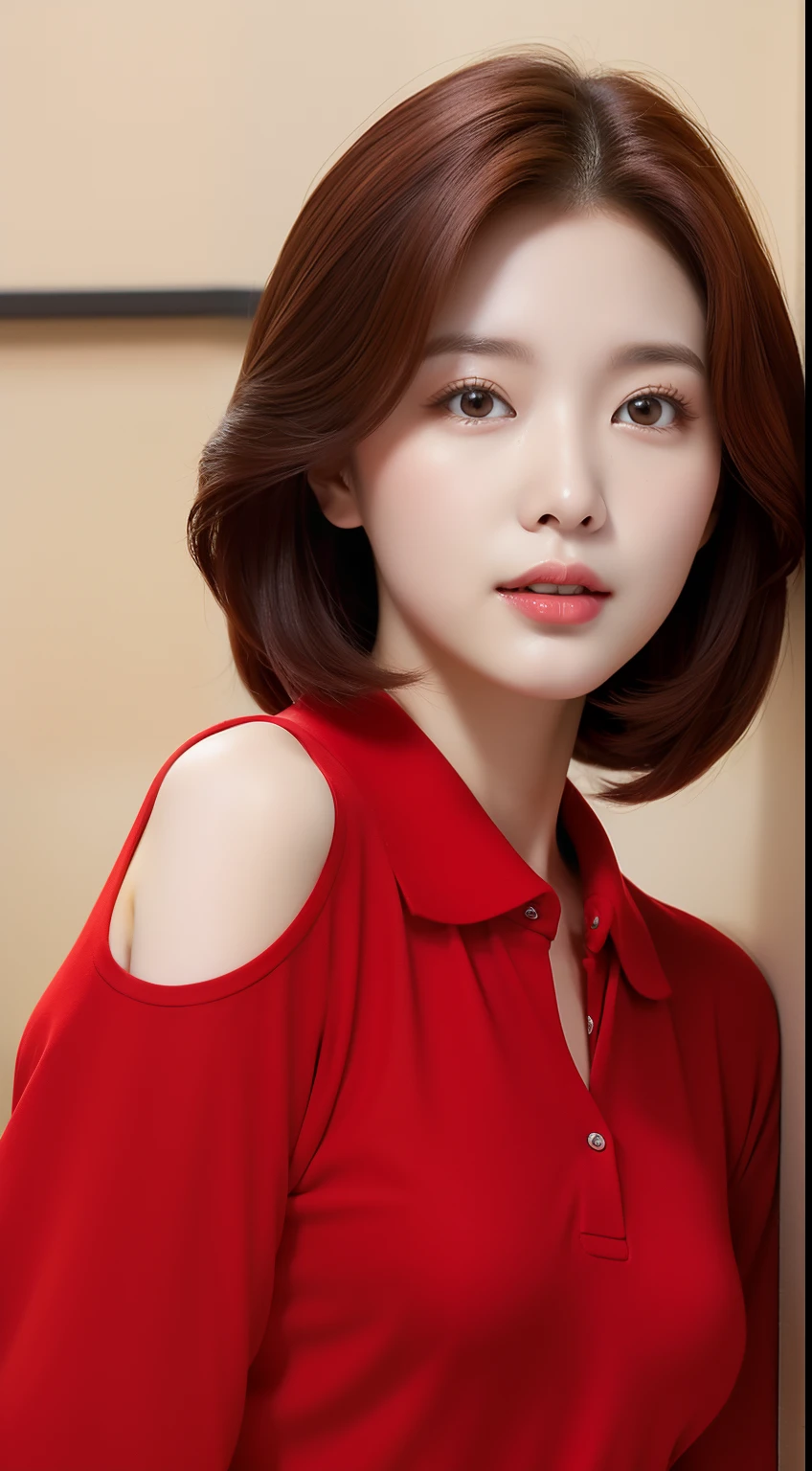 realistic photos of 1 cute Korean star, red shoulder-length hair, white skin, thin makeup, 32 inch breasts size, wearing black and red polo shirt, against the office wall, close-up, bloom, UHD