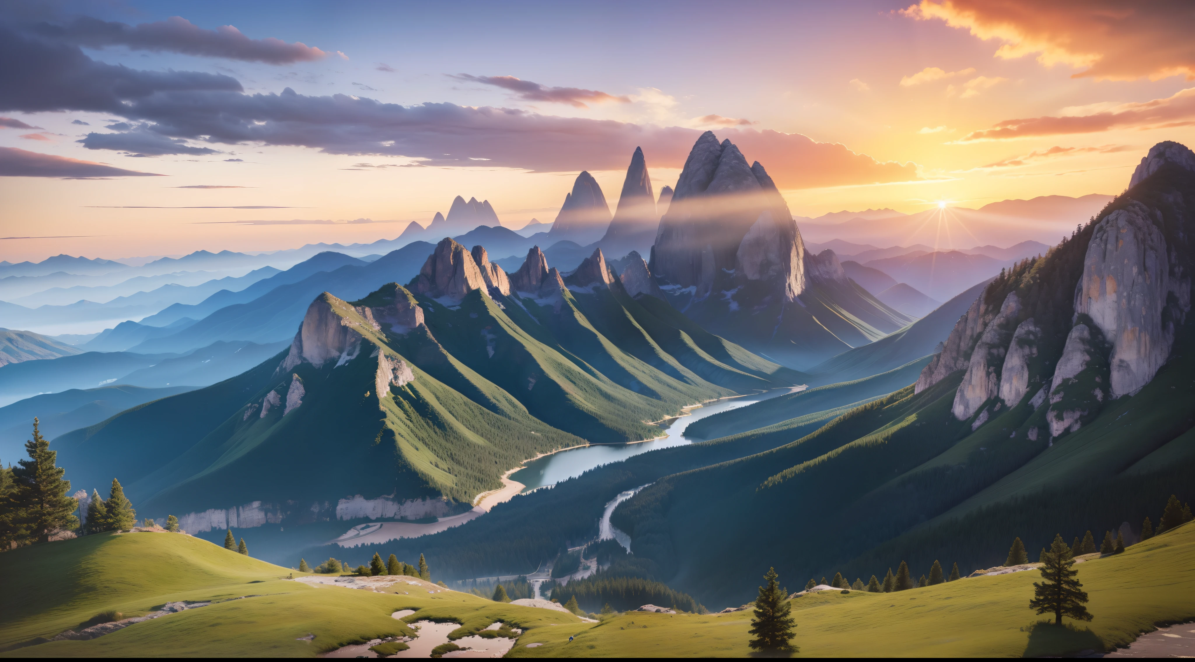 Fantastic landscape map,Colorful sunset scene,You can see the peaks and plains,Comfortable and peaceful,Like a dream,Tremendously beautiful,复杂,Extremely high contrast,coloured with lots of colour,The cascading peaks dazzle in the sun,Realistic style,Very much detail