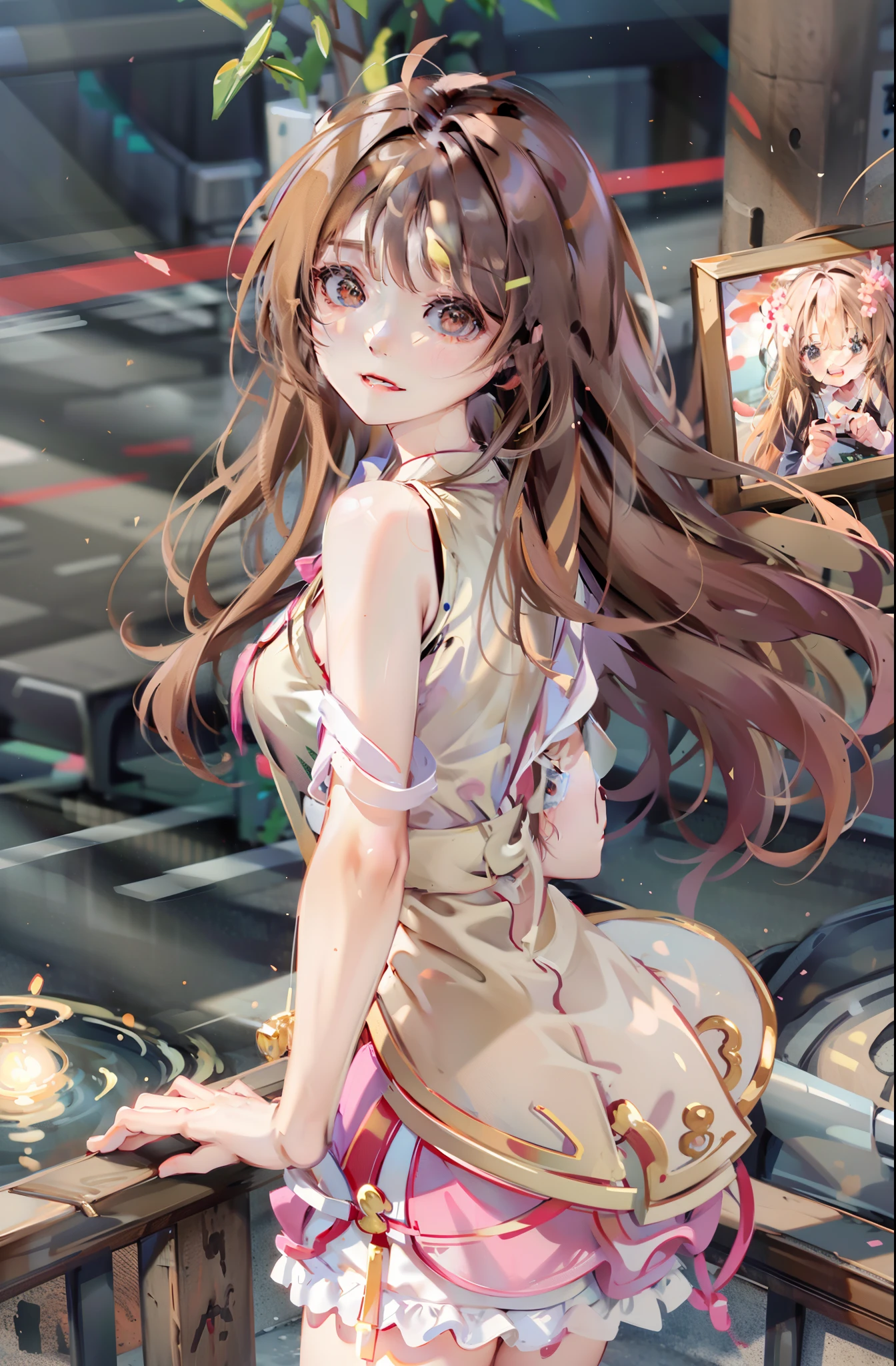 A beautiful girl,Very happy,RAW photos,8K,HighestQuali, 超高分辨率,Beautiful face details,Real human skin,up front view,long whitr hair,realisticlying,realisticlying,adolable,Upper body sunshine child,Smile at me,Brown hair long,Slightly yellowish,Hair flowing loosely,Wear a pink T-shirt,Cute