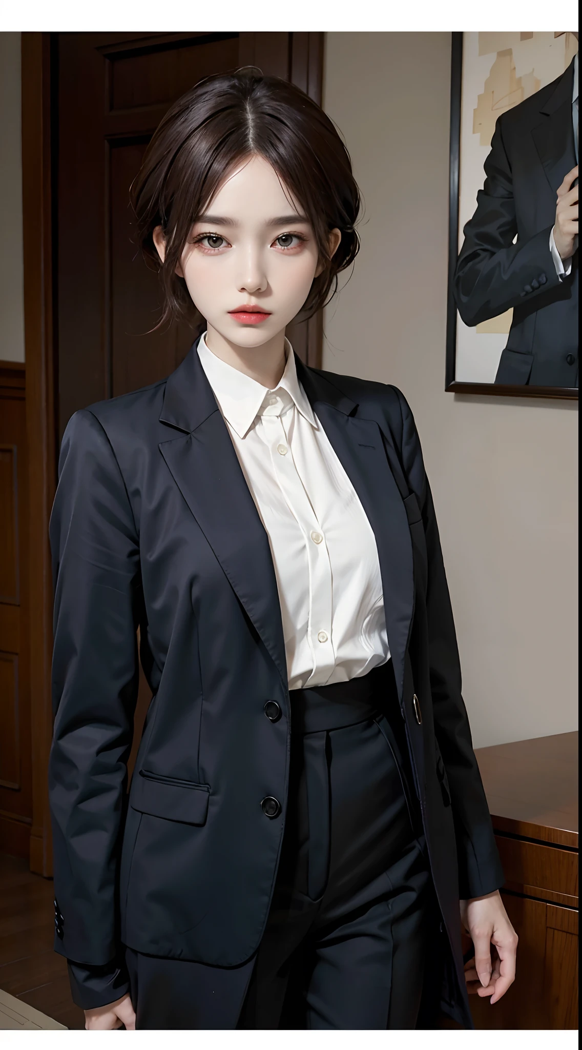 Best quality, super detail, masterpiece, fine detail, high resolution, portrait, 8k wallpaper, realistic details, garment details, skin details, detailed eyes, photoshop \(medium\), slim body, 1 girl, 20 years old, beautiful eyes, bare skin, well-formed face, bangs, blunt bangs, big, school uniform, white uniform, (seductive smile), bedroom, close-up, on sofa, Wearing a short skirt, college girl, bun hair, black hair