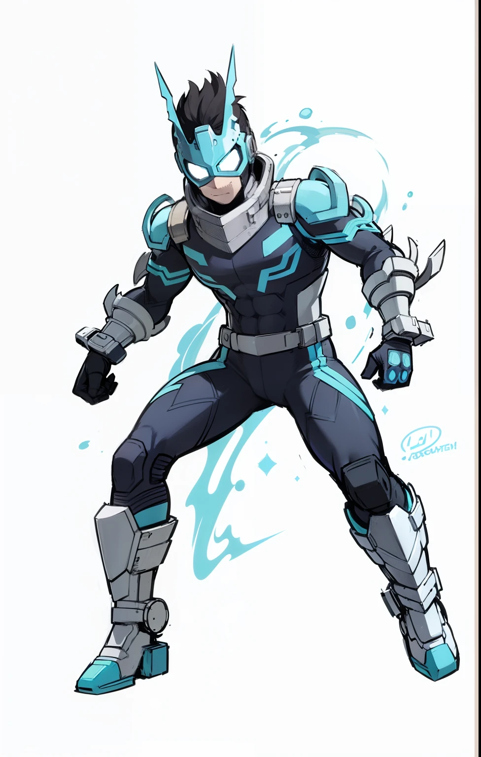 My Hero Academia style, anime boy, male, young male, trending on artstation pixiv, (full body shot:0.5), head covering, helmet, face covering, mask, hero suit, full body suit, dark blue suit with cyan blue details and lines, Perfect anatomy, Super Detailed,