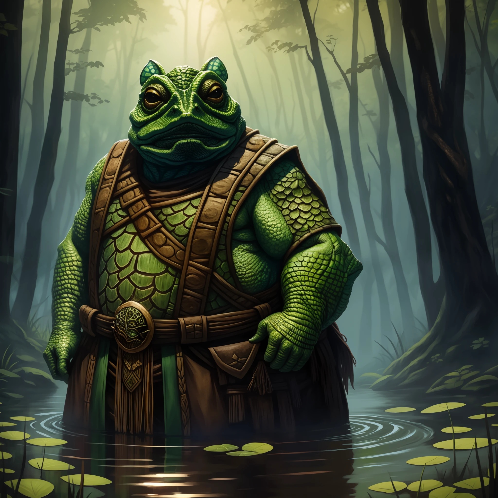 Bullywug chief, 1person, swamp background