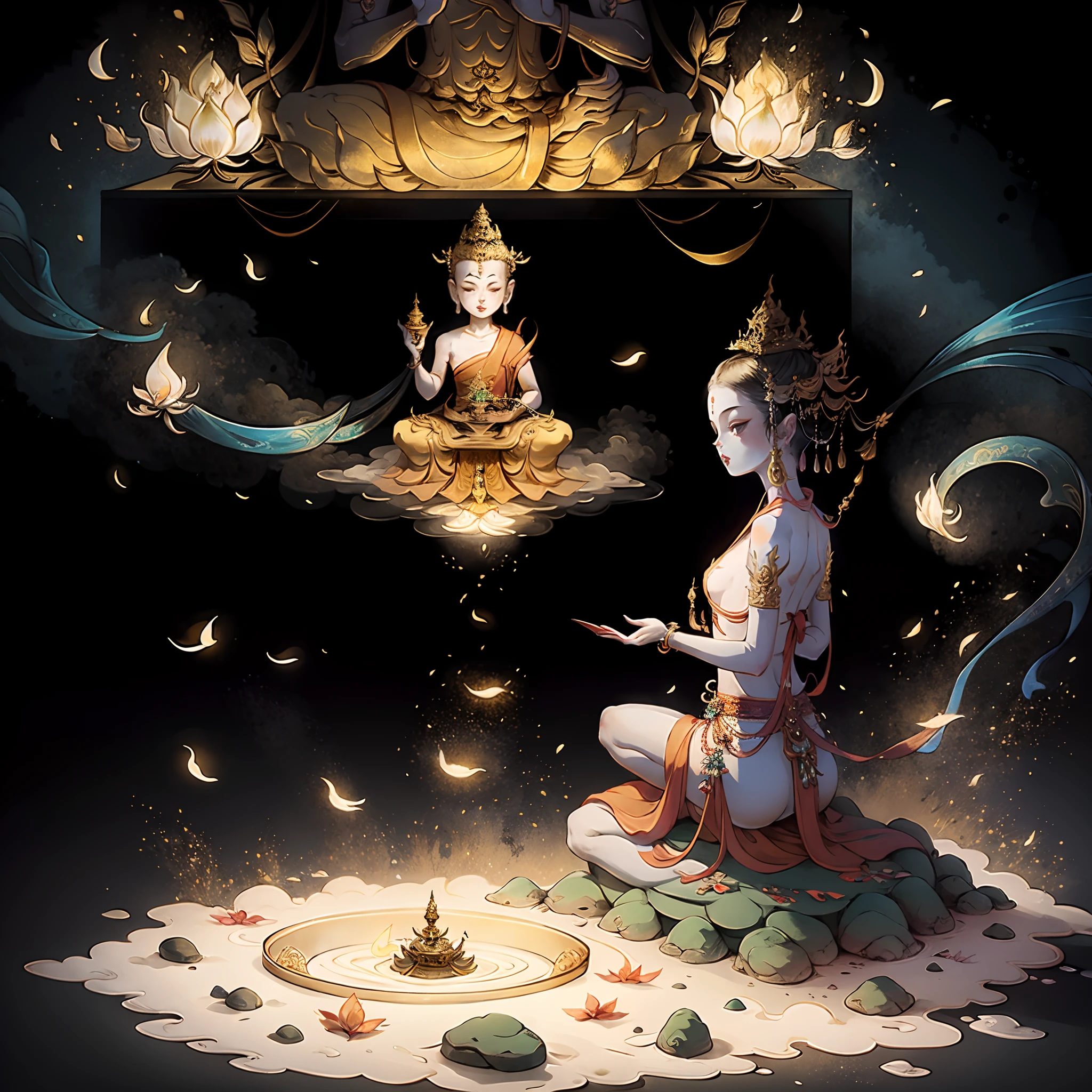 buddhism，light glow，BUDDHA STATUE，9-year-old girl，No clothes without covering