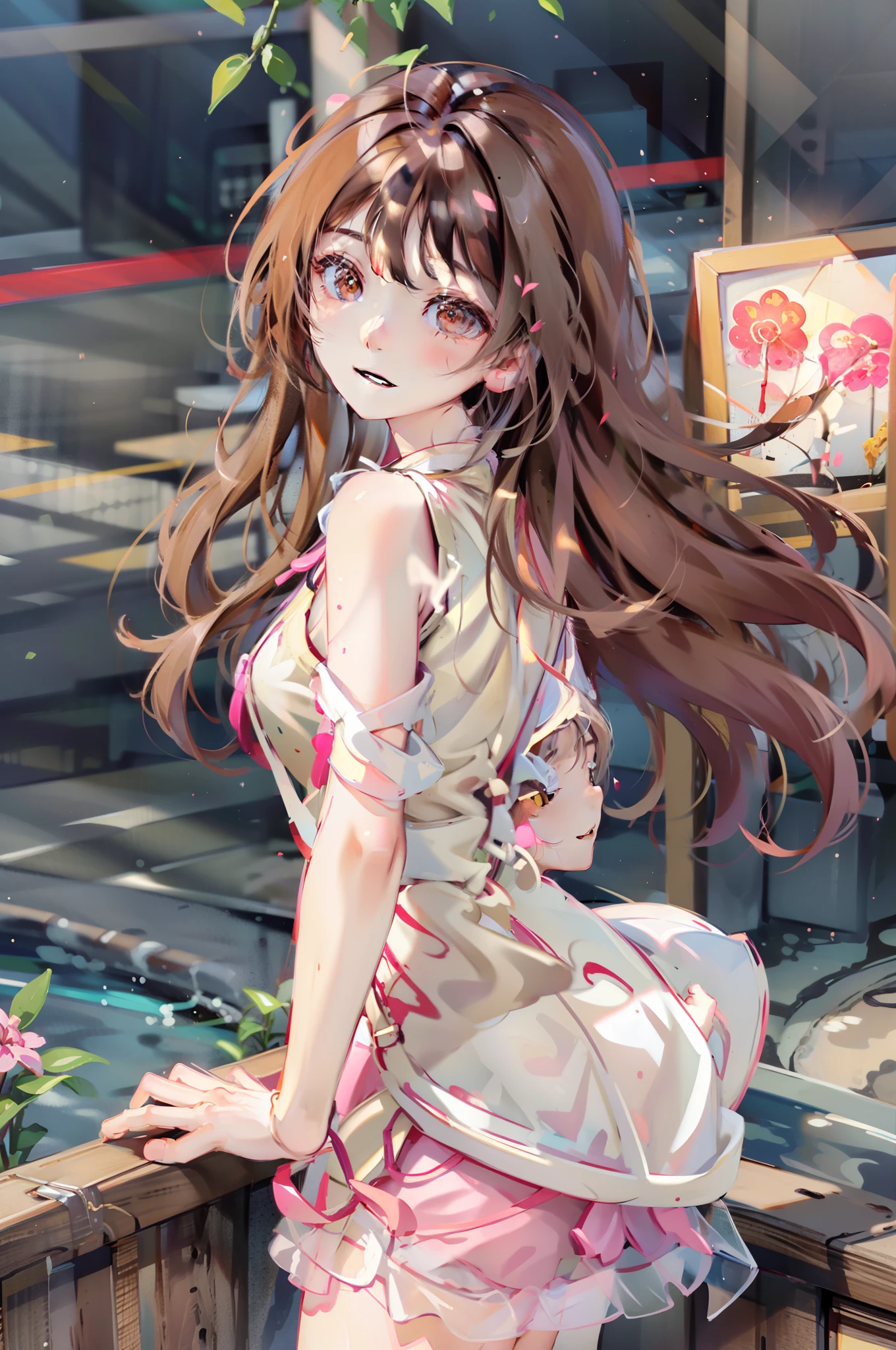 A beautiful girl,Very happy,RAW photos,8K,HighestQuali, 超高分辨率,Beautiful face details,Real human skin,up front view,long whitr hair,realisticlying,realisticlying,adolable,Upper body sunshine child,Smile at me,Brown hair long,Slightly yellowish,Hair flowing loosely,Wear a pink T-shirt,Cute