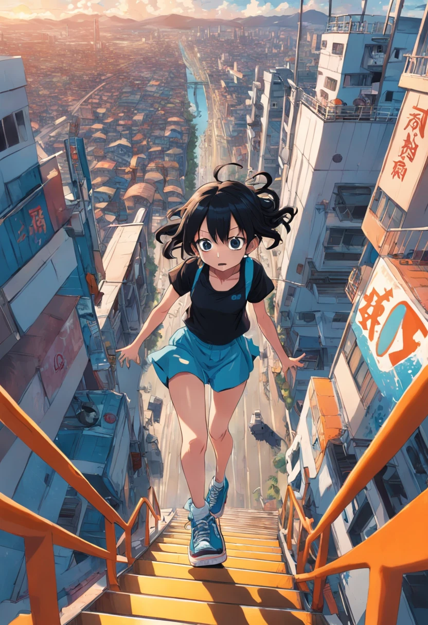 A girl steps on her skateboard flying over a city overlooking below,The city is surrounded by some rollercoaster tracks。Worm eye perspective,Look at the comic book cover from back to front+Joichiro Oda+One piece style