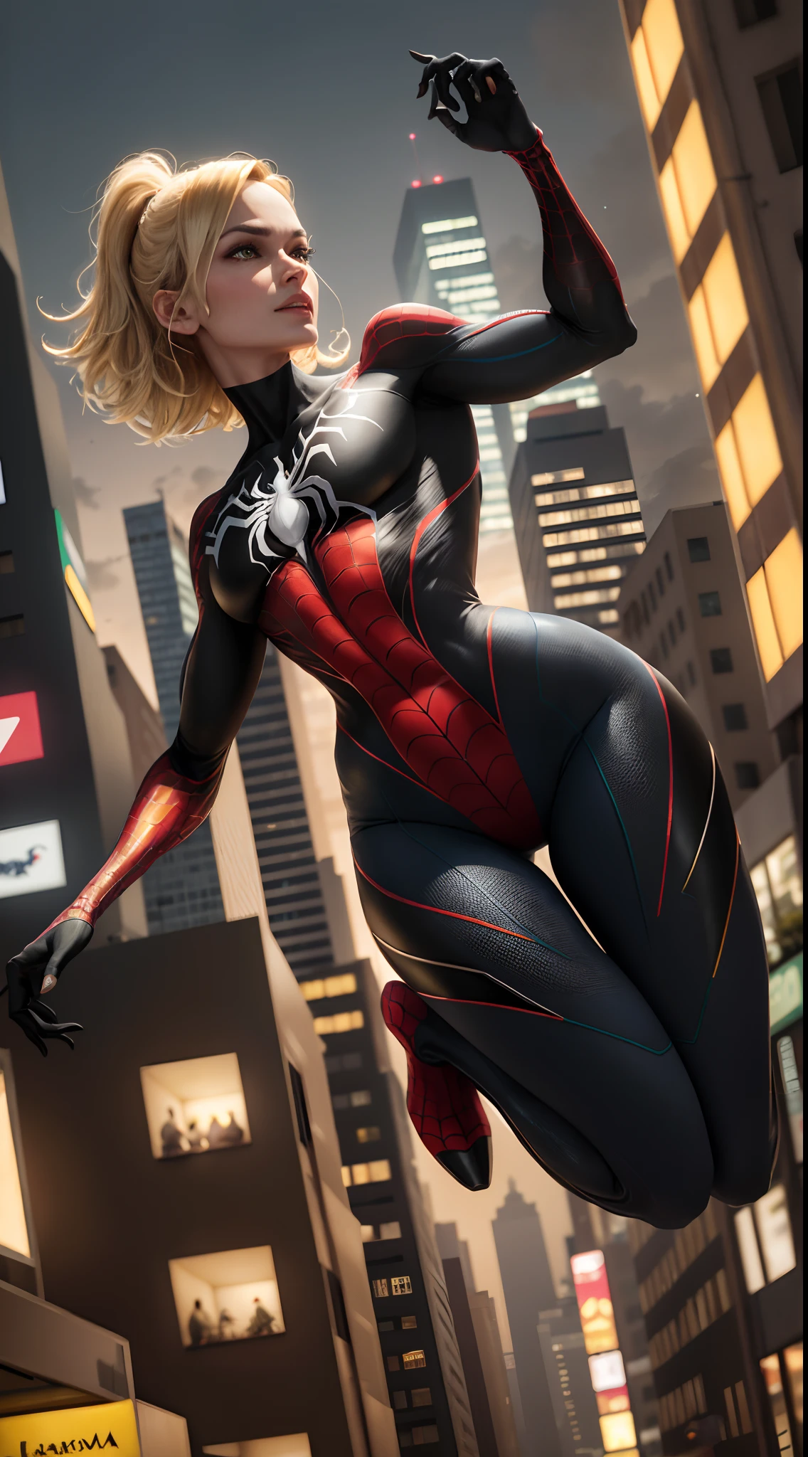 Realistic image of {Spider-Man 2099 fucking Gwen Stacy from behind, {humping} action, smooth smooth skin, symmetrical face, full body, big ass, symmetry and full mouth sensualizing, human ideal, 85mm lens, f8, photography, ultra details, natural light, backlighting, photography, studio lighting