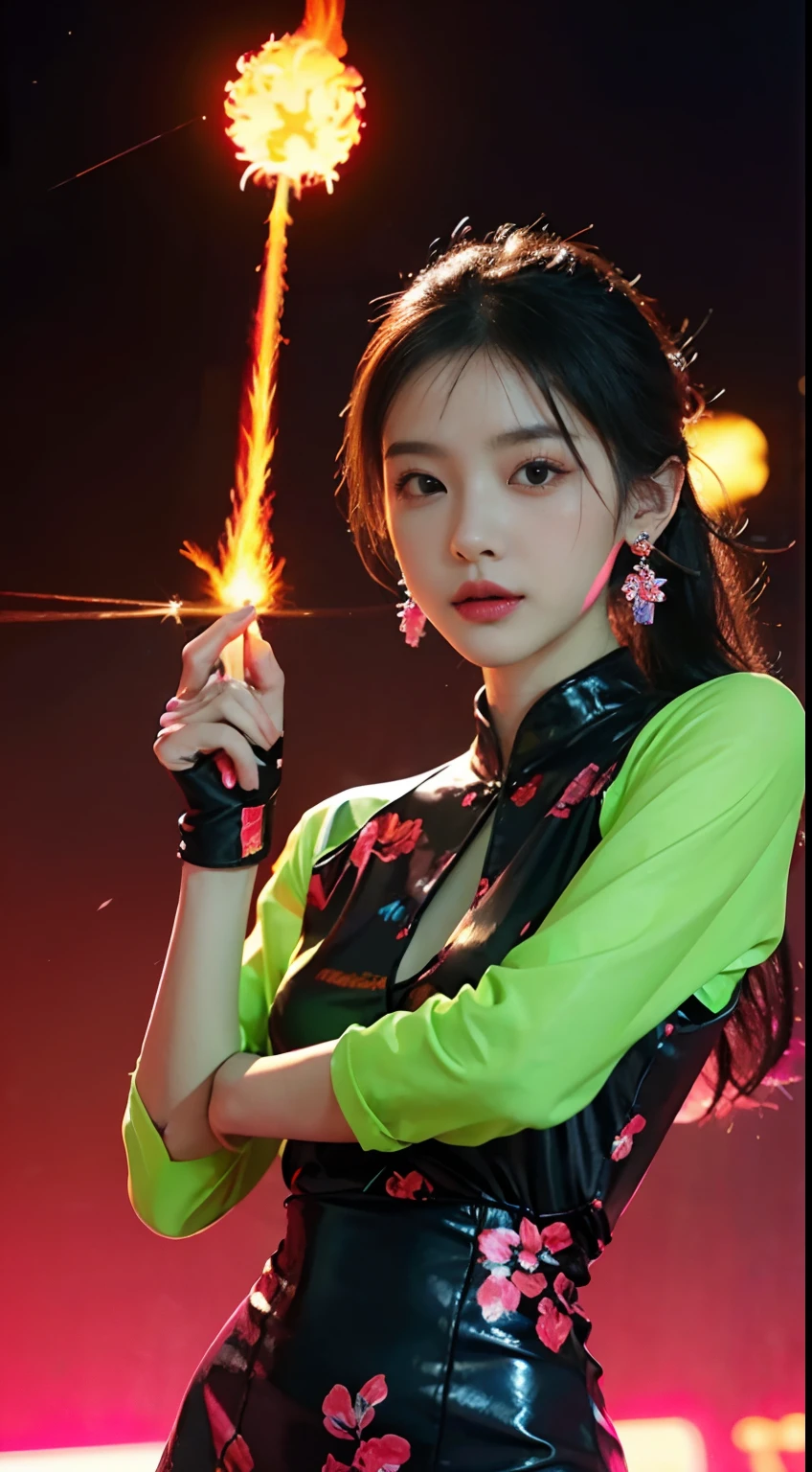 Masterpiece, Top quality, Best quality, Neon official art, Beautiful and aesthetic:1.2), Beautiful Chinese woman Bailu(1girll:1.3), Extremely detailed,(Fractal art:1.1 neon sign ),(Colorful:1.1 neon sign)(Flowers:1.3 Neon ),highest details,(Zen neon:1.2), (Dynamic pose), (Abstract neon sign on background:1.3), (Shiny skin), (many color:1.4 Neon )Full-HD, ,(Earrings), (feater:1.5) , (flamethrower:1.3),Neon sign on neon red background ,Phoenix dress neon,neonlight,Full-HD