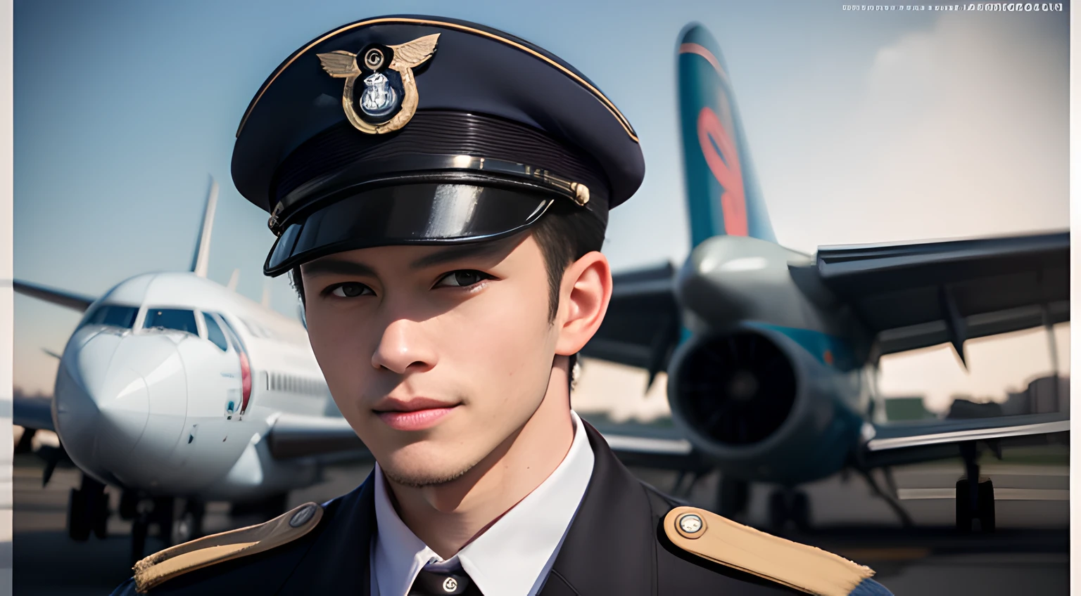 ((Men only)), (head shot), (handsome muscular man in his 20s), (pilot), (The male pilot wears uniform, adorned with insignia, complemented by a fitted cap), (airplane in the background), (short hair), (Mischievous smile), (detaile: 1 in 1), Natural muscles, HIG quality, beautidful eyes, (Detailed face and eyes), (Face、: 1 / 2), Noise, Real Photographics、... .................................................................................................................PSD, Sharp Focus, High resolution 8K, realisitic & Professional Photography, 8K UHD, Soft lighting, High quality, Film grain, FujifilmXT3
