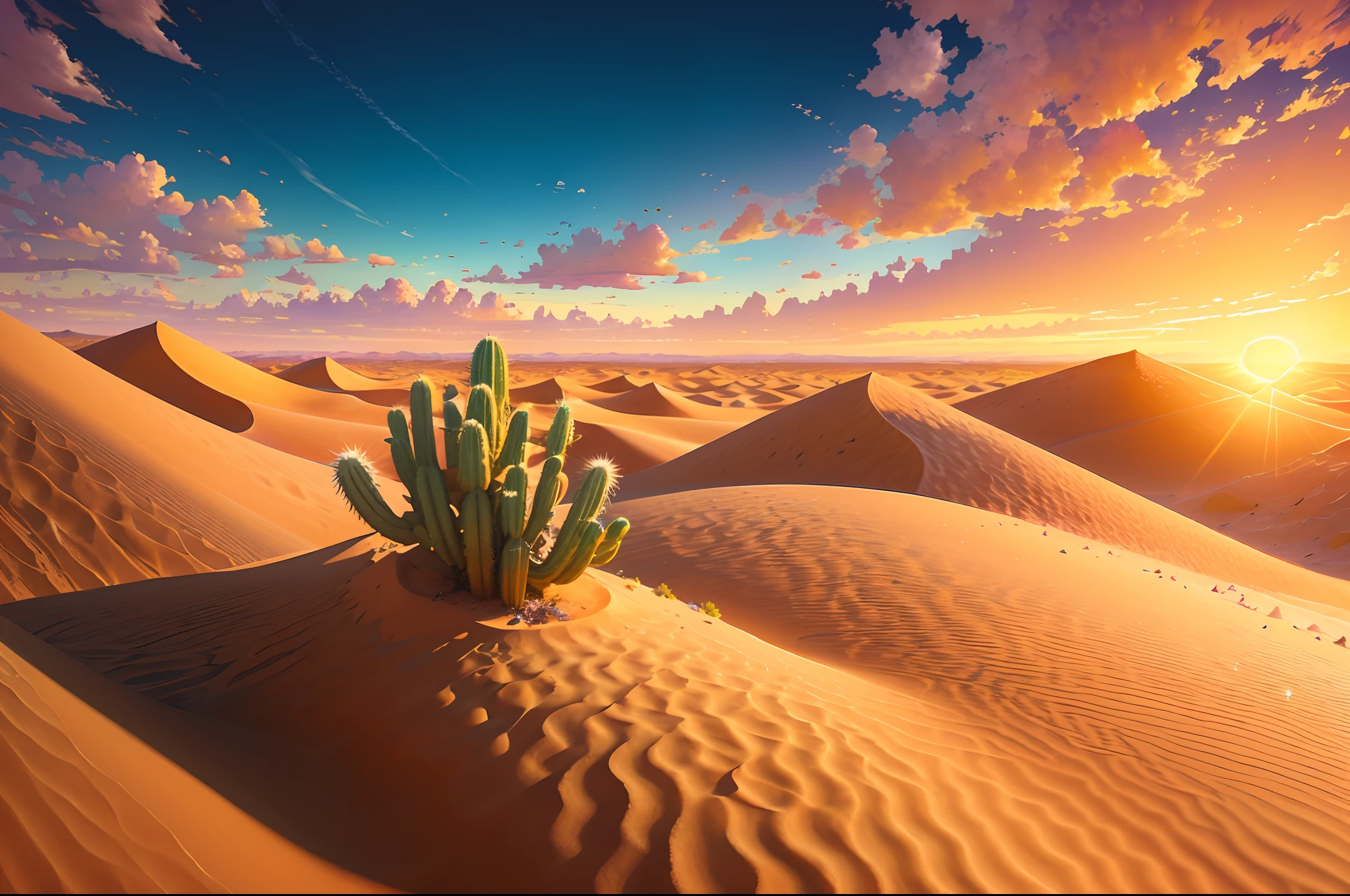 Endless desert、sand dune，Tenacious cactus，Close-up Shot Shot，Desert oasis， It represents the eternity of life，sunset in the desert,Egg yolk-like sun，Colorful sunset，the watercolor style，Illustration style，Concept art wallpaper 8K, detailed 8k concept art, of the highest quality，ultra-detailliert，