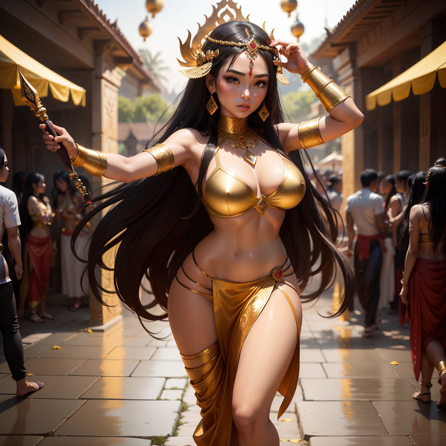 Female Khmer warrior, long black hair, dark brown tanned, Armour on, bangles, Angkor temple, full body, holding weapon, sexy tied hair up, crowd on the head, wearing jewelry, Sak yant tattoos on the arm, curvy body, wear white, red and gold sarong outfits, dark skinned, cute face, big lips, Diamond shape faces, wide nice nose, defined features on the face, apsara jewelry on, gold leaves jewelry