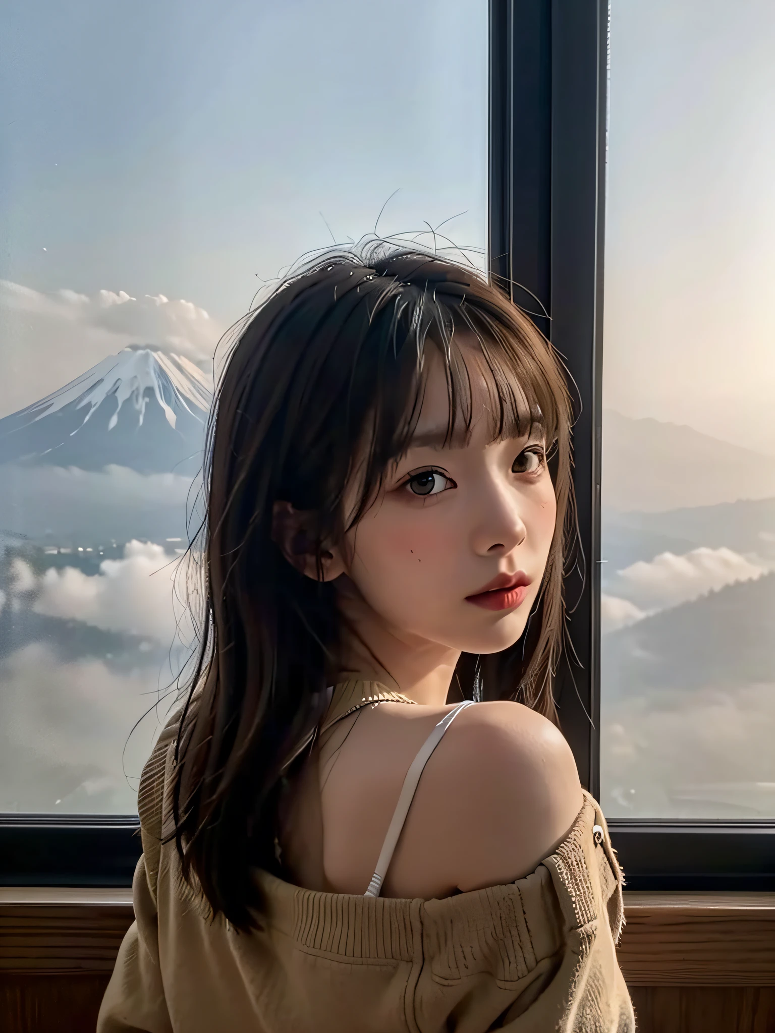 (dark scene, soft lighting), vivid illumination, atmospheric depth, masterful technique, naturalistic representations, harmonious composition, creative refinement, striking juxtapositions, (1girl, young beauty), (long hair with bangs), (portrait), (half body shot), big breasts, sitting, looking at viewer, sharp focus, sensual, winter jacket, shoulder, volumetric fog, indoors, mount fuji from window, backlight
