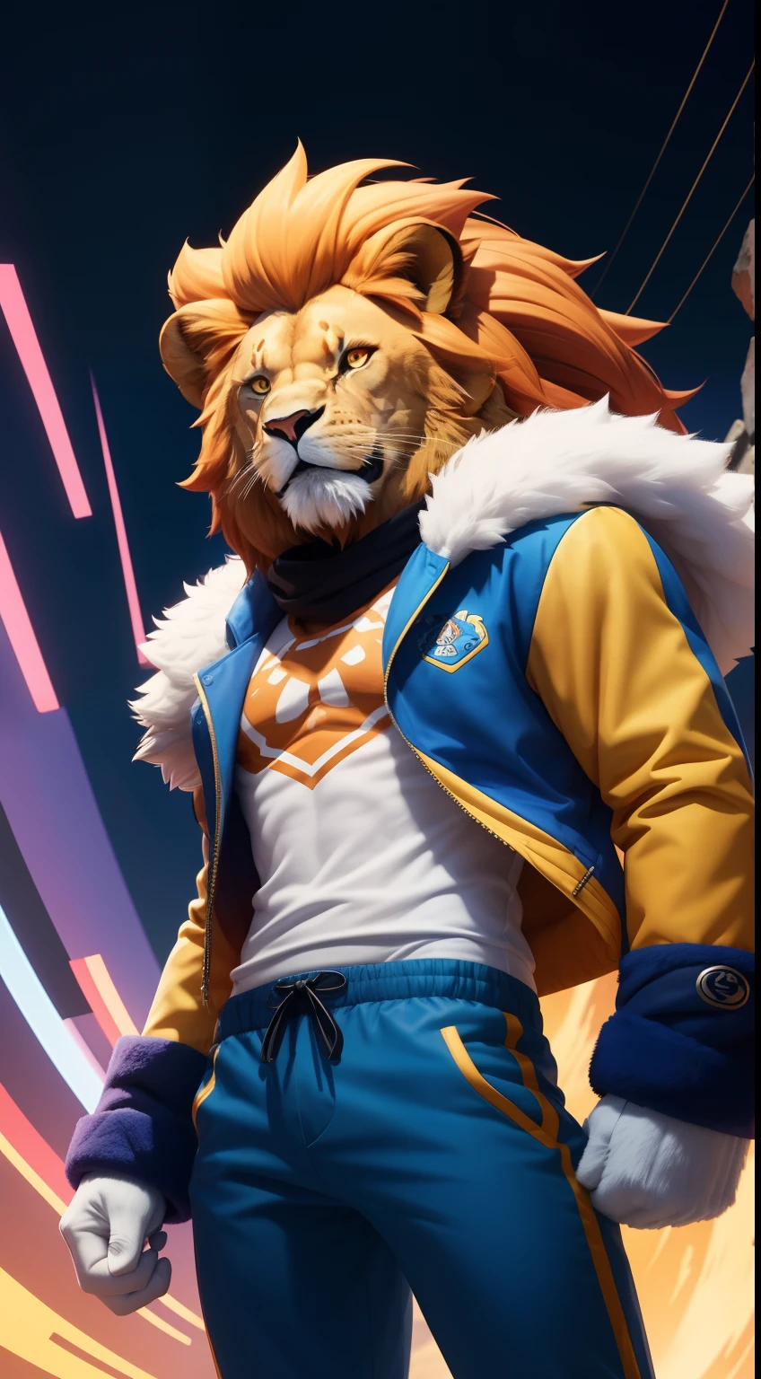 Create a Cartoon Network-style illustration of the anthropomorphic lion fused with Sonic, standing front-facing and full-length to showcase his agility and charisma. The lion's mane presents multicolored tones, with violets, yellows and reds, blue, orange, which waves with the wind. Slim-fit sportswear, including a jacket and pants in the same shades, adds dynamism to the composition. His red eyes, intense and sure, capture the essence of the lion. His demeanor combines lion-like relaxation with Sonic's trademark determination. ((In the background, there is white)). Details such as fur texture, clothing folds, and facial subtleties must be meticulously recreated. All of this is captured in astonishing fidelity using the Fujifilm GFX 100 Medium BSI CMOS format camera in 64K quality, to deliver a Cartoon Network-style rendering of the fused character.