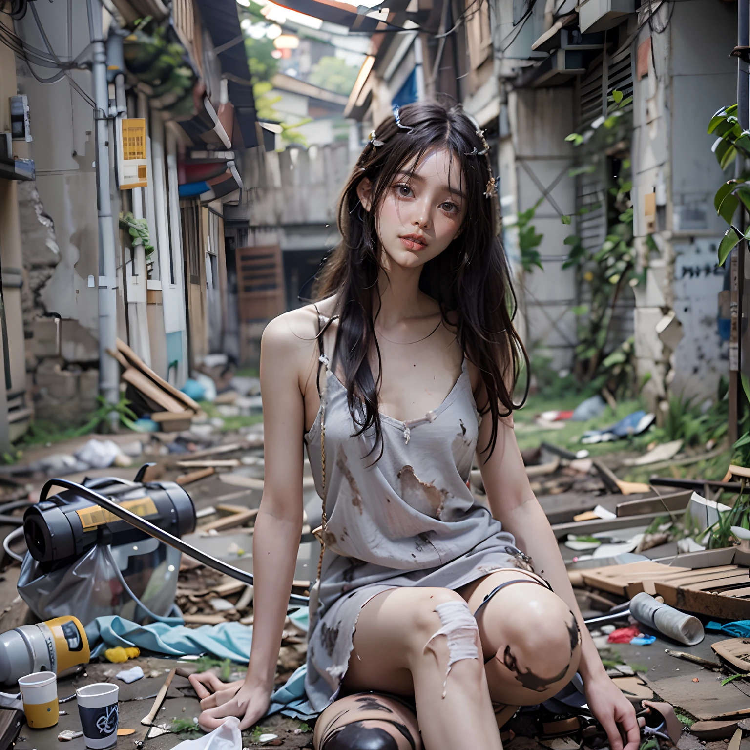 Highest image quality，best qualtiy，tmasterpiece，abandoned building，Garbage all over the ground 1.1，Dirty 1.1，18-year-old Korean beautiful girl，full-body portraits，Sexy standing pose，very beautiful long slim legs，The barefoot，NSFW，Smaller bust，As thin as a whipping post，Skinny，Bare all body1.1，Random exposure of genitals，face to the viewer