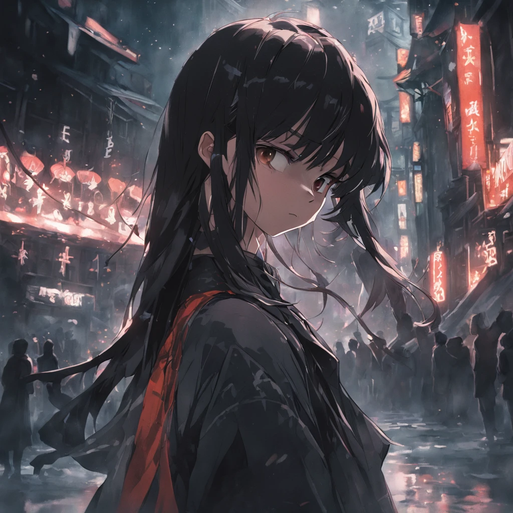 (Black draft)(Intense highlights)(Oriental elements)(long hair girl)(Clothing with a strong texture)(Clothing needs to be highlighted)(SENSE OF CINEMA)( reasonable design, Clear lines, High sharpness,Best quality, Very detailed, Masterpiece, movie light effect, 4K )(Low saturation primary color)