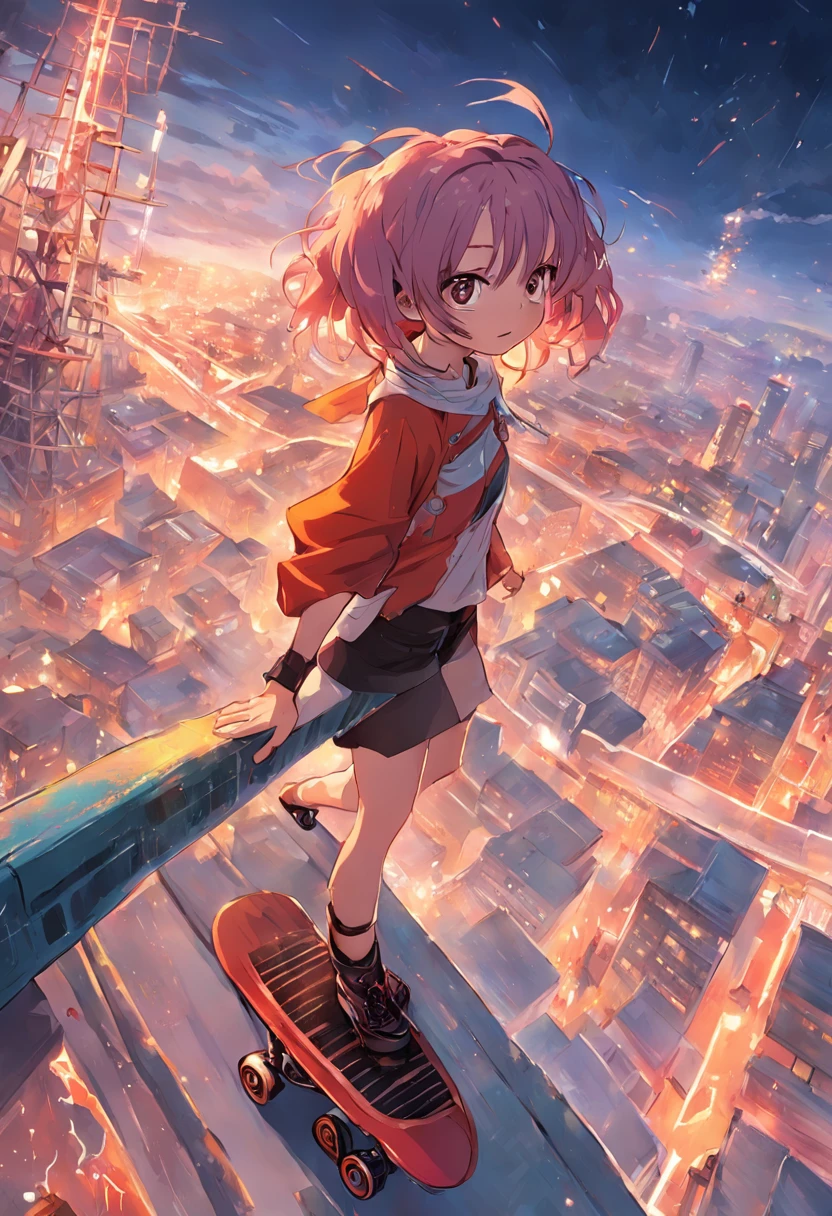 A girl stands on a skateboard,Fly in the air,Overlooking the city,There are rollercoaster tracks around the city。Presents a worm-eye perspective,Works by Comic Book Cover and Eiichiro Oda《one piece》Painting style is style。