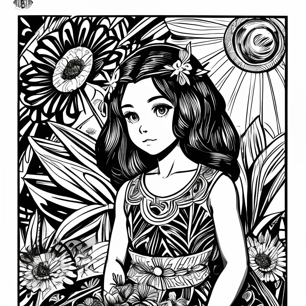 Black and white stick figure 1 girl with sun flowers in background, li in dress with flowers, its fine ink line art, comic style, portrait of polynesian girl, Marilyn Munroe, Hollywood glam, beautiful line art, black and white comic style, manga style, manga art style, pencil and ink caricature drawing, black and white coloring