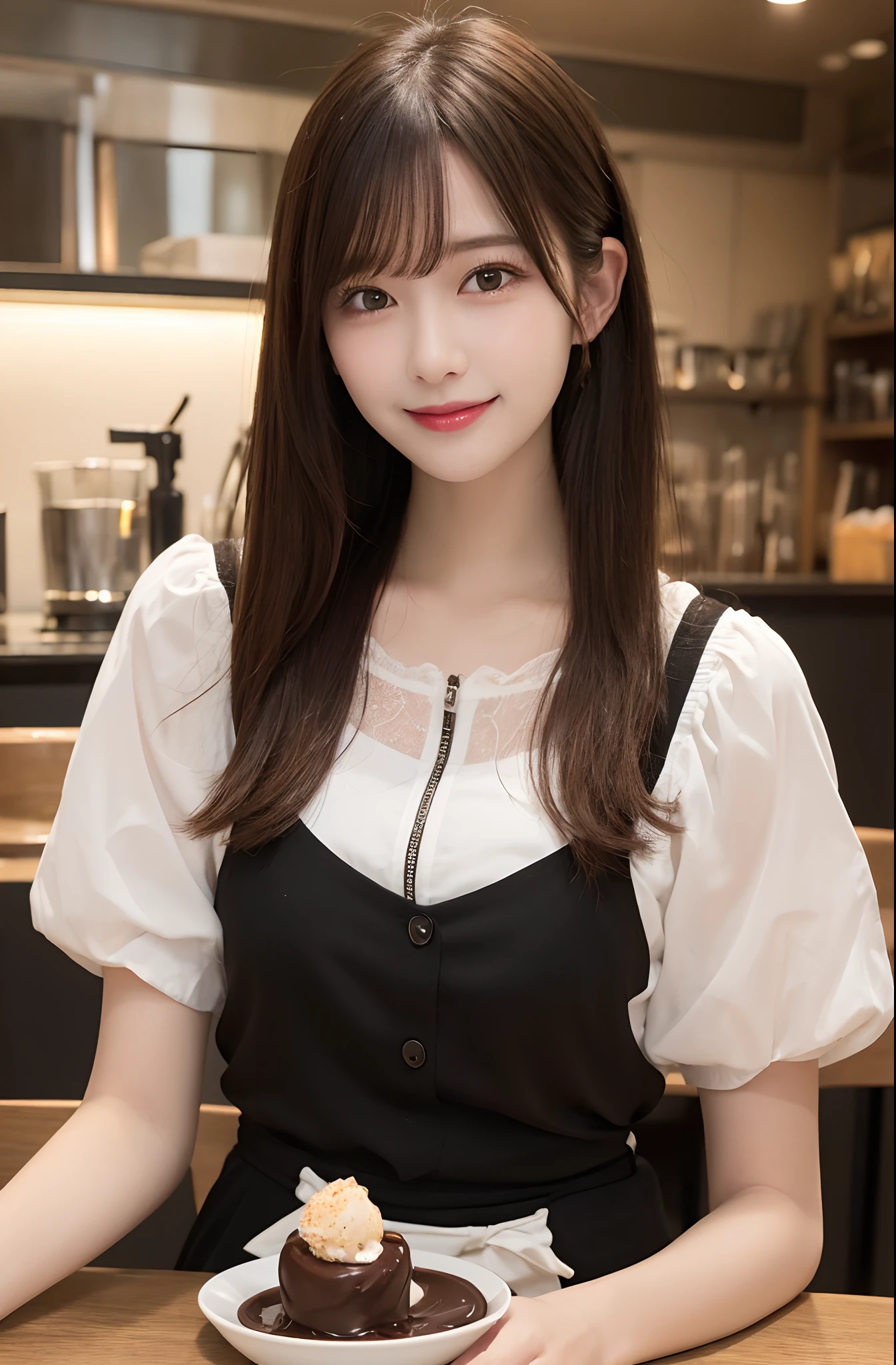 masutepiece, Best Quality, Illustration, Ultra-detailed, finely detail, hight resolution, 8K Wallpaper, Perfect dynamic composition, 1 beautiful girl, Beautiful detailed eyes, girly blouse, Medium Hair, normal breasts, Natural Color Lip, Random Poses, Smile, open mouth:0.8, Snazzy cafe, 20 years girl, sit, a chocolate parfait in glass on the table,