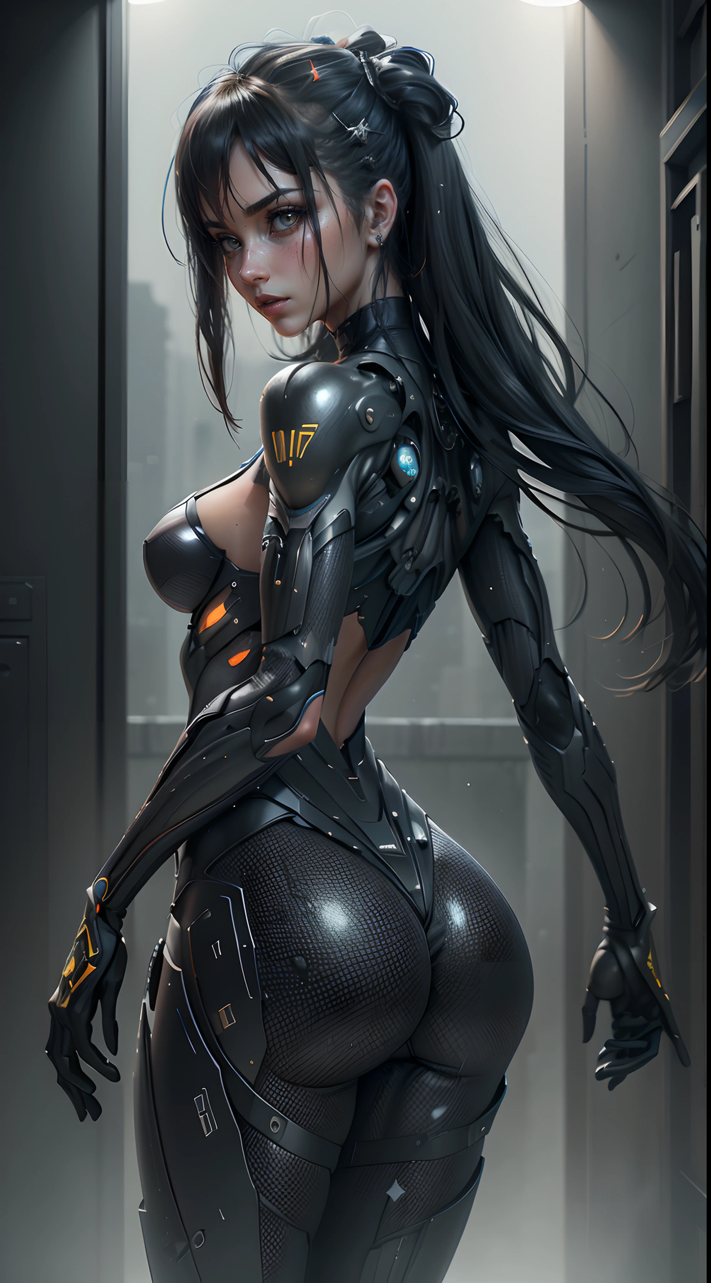 ((mejor calidad)), ((obra maestra)), (detallado: 1.4), ..3D,Hermosos ojos, posing from behind una imagen de una hermosa mujer cyberpunk, HDR (High Dymanic Range), Trazado de rayos,,(Highly Detailed Face and Skin Texture),hermosas manos finas, NVIDIA RTX, superresolución, Irreal 5, Sub-Surface Scatterring, PBR texturizado, posprocesamiento, Anisotropic filtering, profundidad de campo, Maximum clarity and sharpness, texturas de varias capas, mapas de albedo y especulares, sombreado de superficie, Accurate simulation of light-material interaction, proporciones perfectas, octanaje render, two tone lighting, amplia apertura, ISO bajo, balance de blancos, regla de tercios, 8K RAW, crysisnanosuit