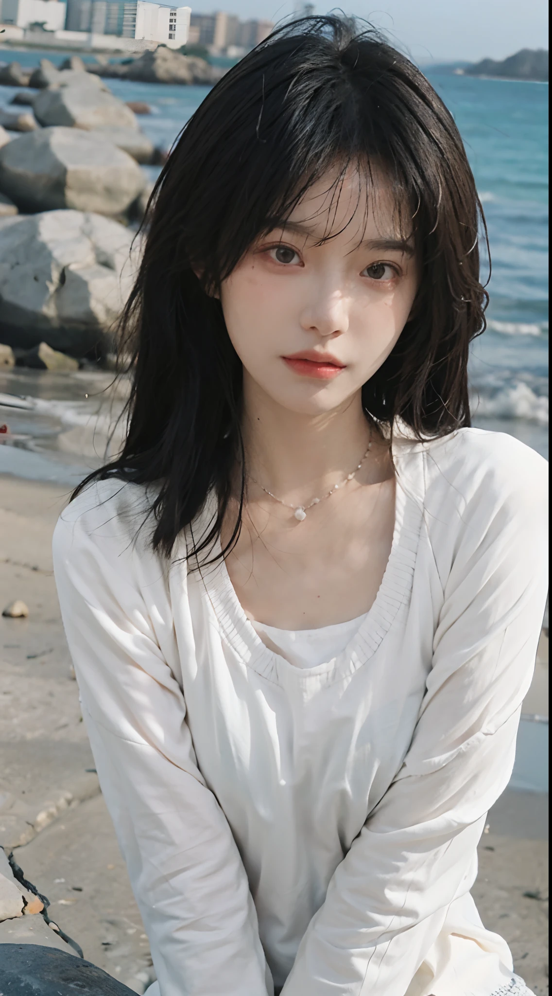best qualtiy, 超高分辨率, (realisticlying:1.4),cute hairpin,1girll,Red long-haired,Quartered sweater ,Beautiful woman with a slim figure:1.4, Pronounced abs,On the sandy beach,Ultra-fine face,Elaborate Eyes,二重まぶた,choker necklace
