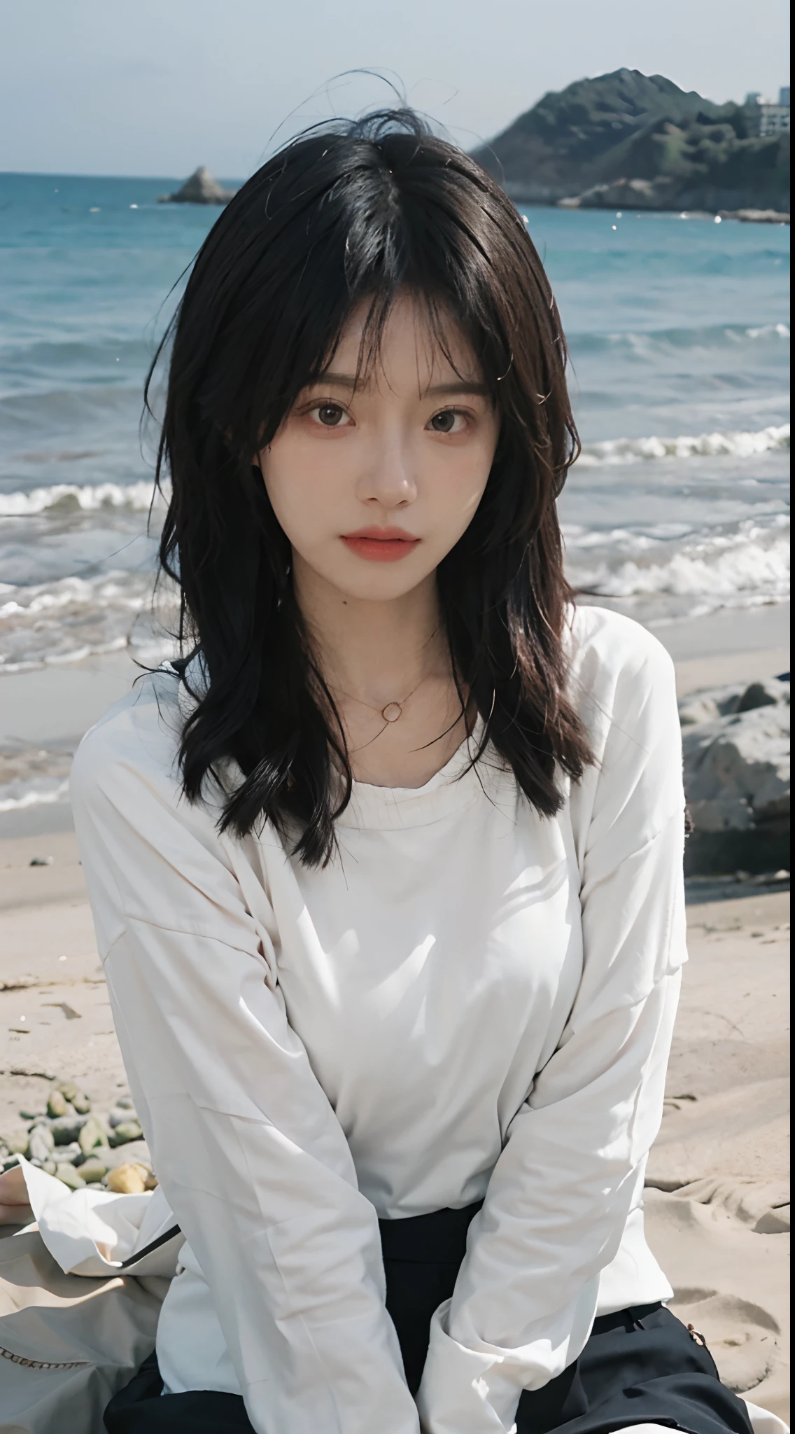 best qualtiy, 超高分辨率, (realisticlying:1.4),cute hairpin,1girll,Red long-haired,Quartered sweater ,Beautiful woman with a slim figure:1.4, Pronounced abs,On the sandy beach,Ultra-fine face,Elaborate Eyes,二重まぶた,choker necklace
