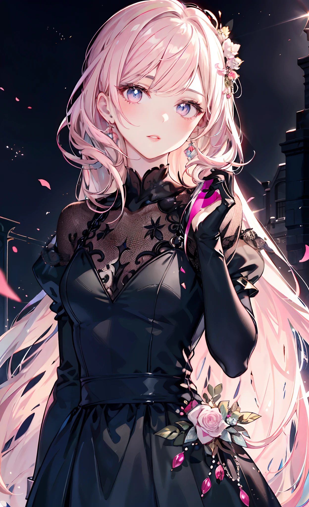meticulous portrayal of face,1 noblewoman,a matural female,Black dress long dress,(Pink White Long Hair),(dark night background+),Prom,Court etiquette, s the perfect face, Perfect lips, perfect eyes, Perfect background