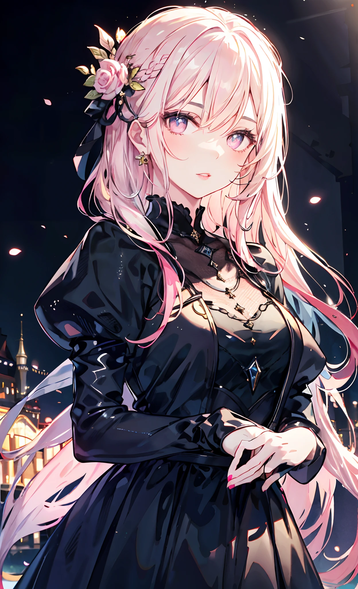 meticulous portrayal of face，1 noblewoman，a matural female，Black dress long dress，(Pink White Long Hair)，(dark night background+)，Prom，Court etiquette，  s the perfect face， Perfect lips， perfect  eyes， Perfect background