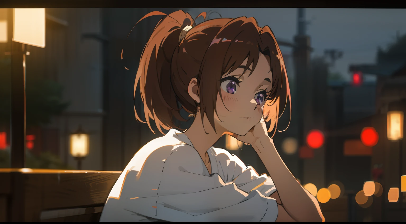 (masterpiece), (best quality),1girl, gorgeous, (perfect face), sitting,cozy, calm, peace, expressive eyes, cute, wood, nature, pony tail, purple eyes, BREAK brown hair, ((frame)), glass, streets, traced lights,modern, BREAK bokeh, depth of field, blurry background, light particles, backlight, night, colorfull, highres, absurdes,cinematic