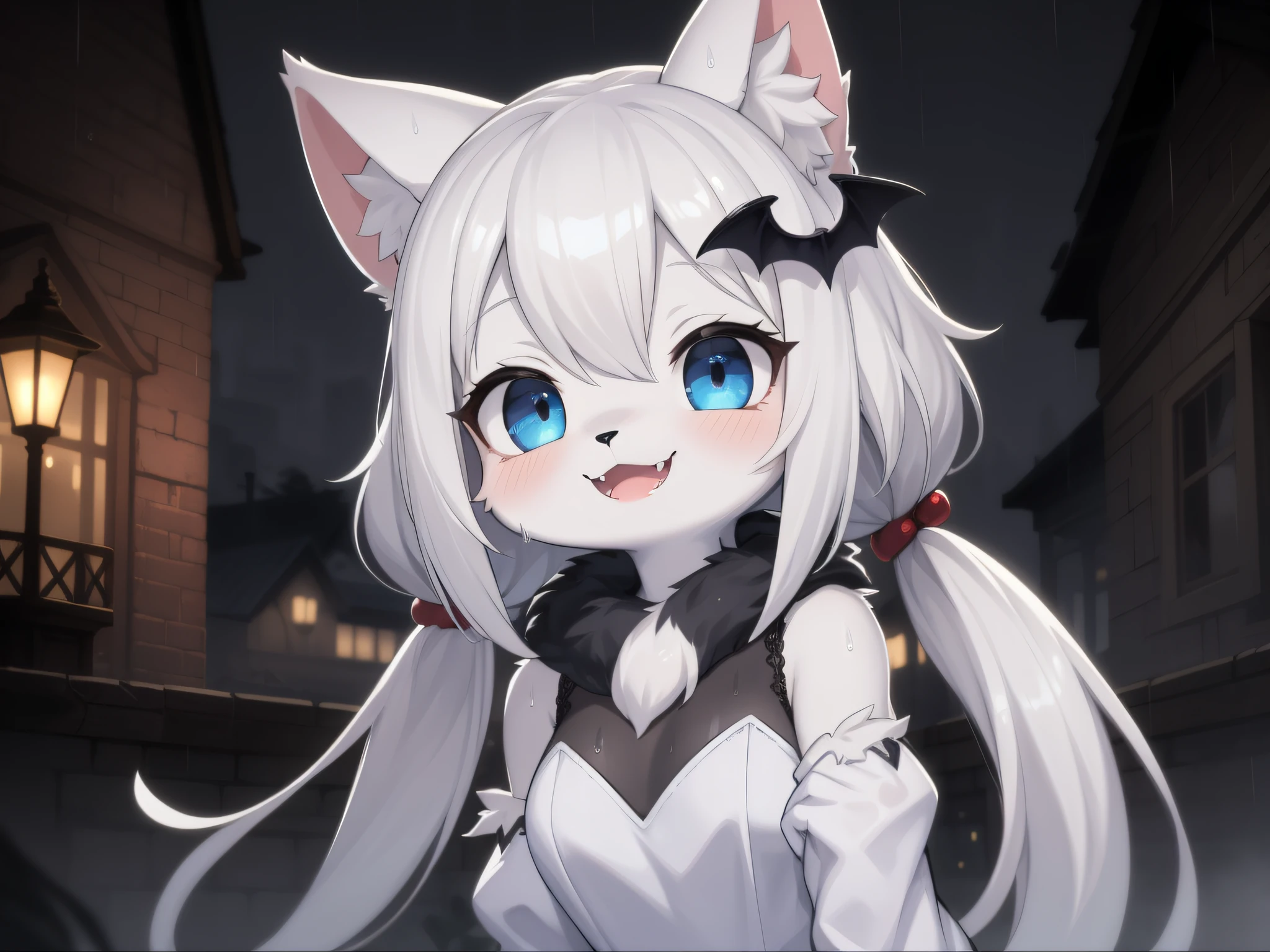 Cat girl，hairy pubic，shaggy，Skin fur，White fur，Forelimb hands，hair splayed out，White ears，White face fur，White hair, hair splayed out, Shiny hair，Long hair，Hairline, Low Twin Tails，Blue eyes，Super cute face，cheerfulness, full face blush, smiley，Empty eyes， poison fangs，daggers，bat hair ornament，White dress，Ambient light，Ultra-fine fur，Volumetric eye, bangs, lightand shade contrast, hyper HD, 巨作, Super detail，Ruins background，crow，Night，starlights，Under the rain，In the rain，Drizzle，Wet with rain，rainy outside，High quality, hyper HD, A high resolution, Anatomically correct