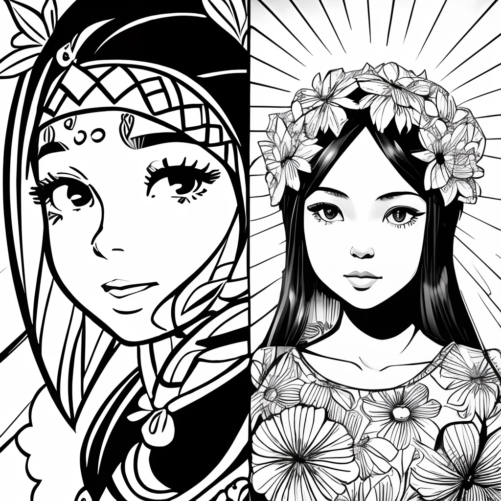 Black and white stick figure 1 girl with sun flowers in background, li in dress with flowers, its fine ink line art, comic style, portrait of polynesian girl, Marilyn Munroe, Hollywood glam, beautiful line art, black and white comic style, manga style, manga art style, pencil and ink caricature drawing, black and white coloring