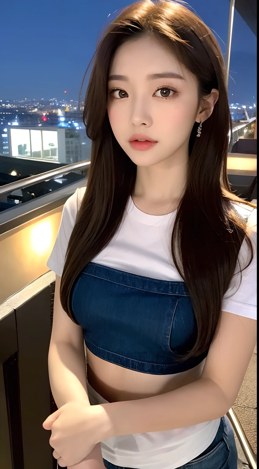 ((Midnight, Best quality, 8k, Masterpiece :1.3)), Whole body, Long legs, Sharp focus :1.2, A pretty woman with perfect figure :1.4, Slender abs :1.1, ((Dark brown hair, Big breasts :1.2)), (White tight tshirt, Jean bib, Standing:1.2), ((Night city view, Rooftop:1.3)), Highly detailed face and skin texture, Detailed eyes, Double eyelid