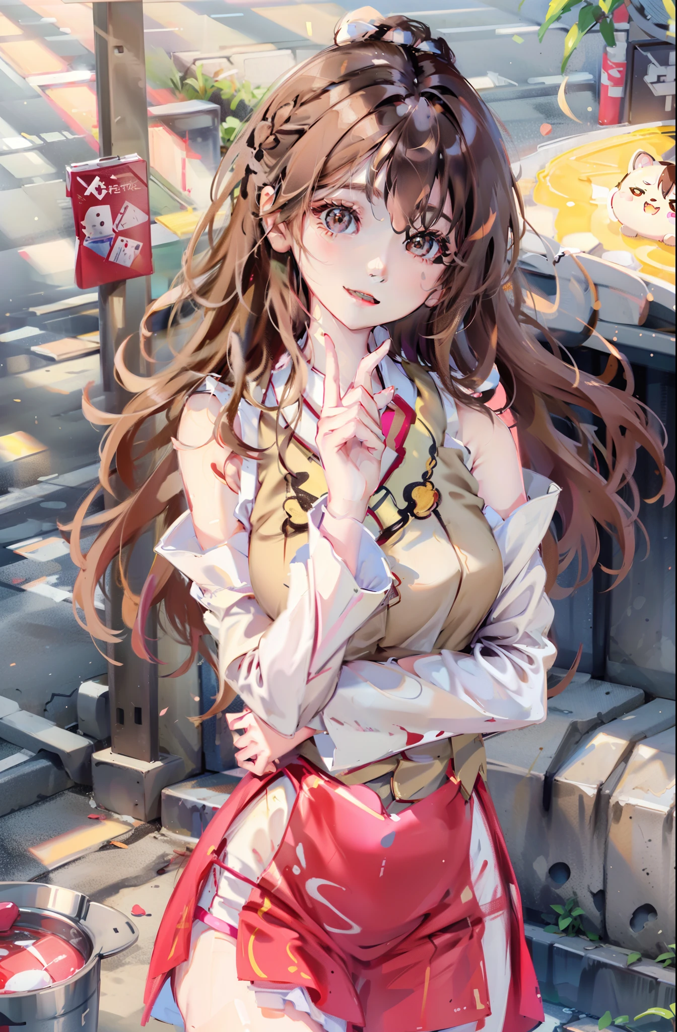A beautiful girl,Very happy,RAW photos,8K,HighestQuali, 超高分辨率,Beautiful face details,Real human skin,up front view,long whitr hair,realisticlying,realisticlying,adolable,Upper body sunshine child,Smile at me,Brown hair long,Slightly yellowish,Hair is loose and flowing,Wear a pink T-shirt,Cute