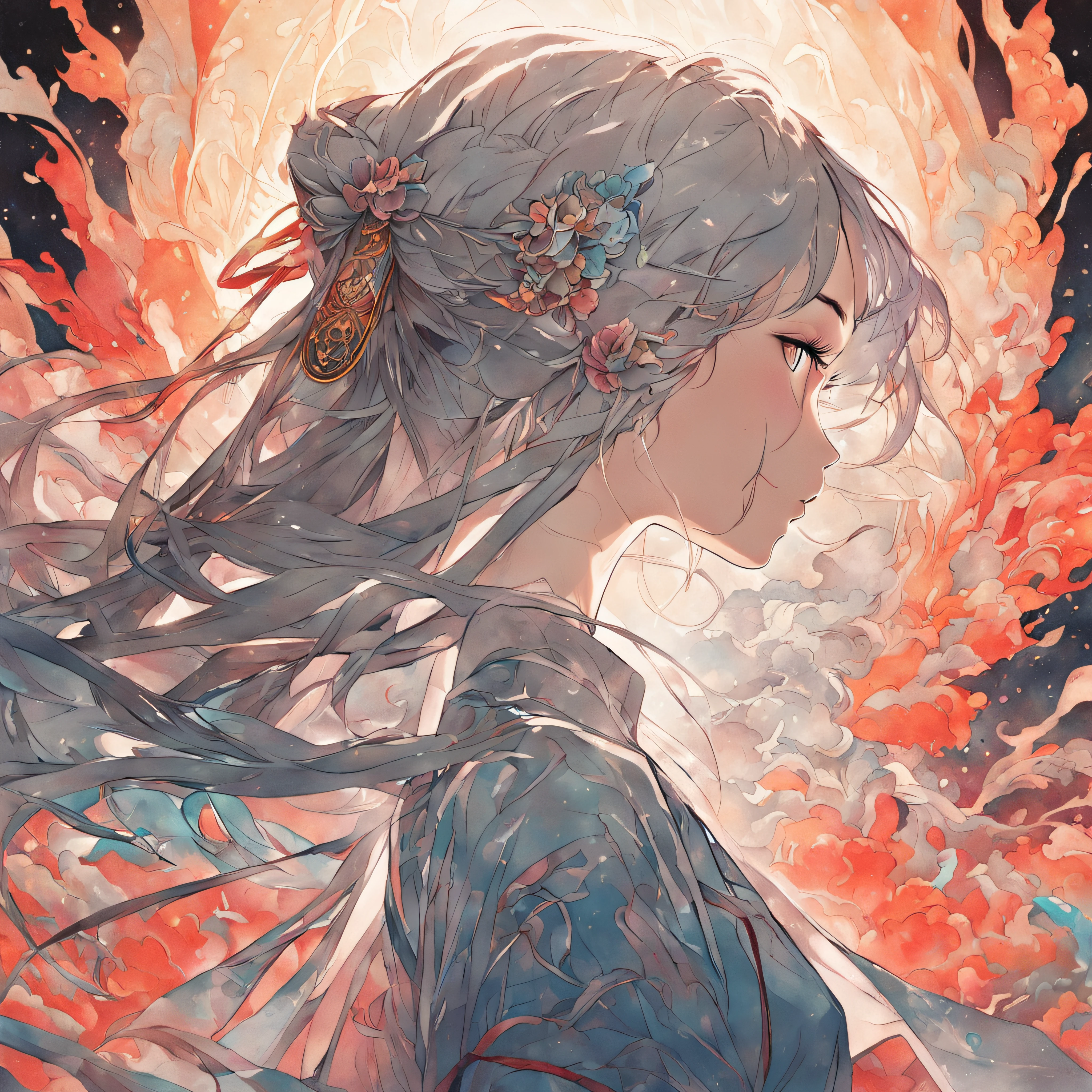 (White background:1.4),(Silhouette of a girl's head, Eyes closed, colorfull long hair, Oriental elements),(Chinese illustration:1.3,paper art:1.3, Quilted paper art:1.2),( reasonable design, Clear lines, High sharpness,Best quality, Very detailed, Masterpiece, movie light effect, 4K )