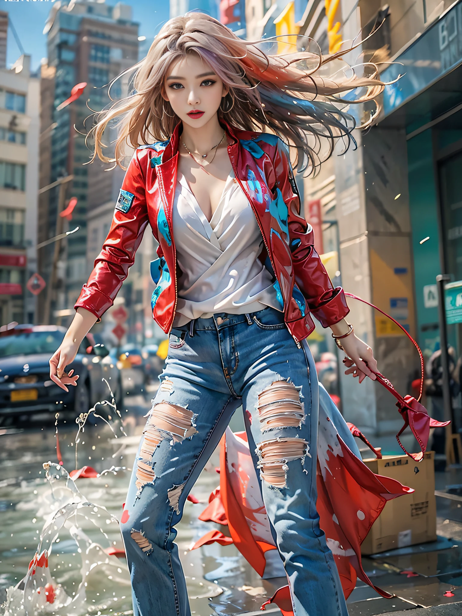 Photorealistic, high resolution, Colorful, colored splashing, Splash, 1 girl, Solo, Hips up, Beautiful eyes, Rainbow hair, Medium breast, Dress shirt, Blue pants , Red jacket, Street attire, bangle,Elegant necklace, elegant diamond earrings, fashion magazine