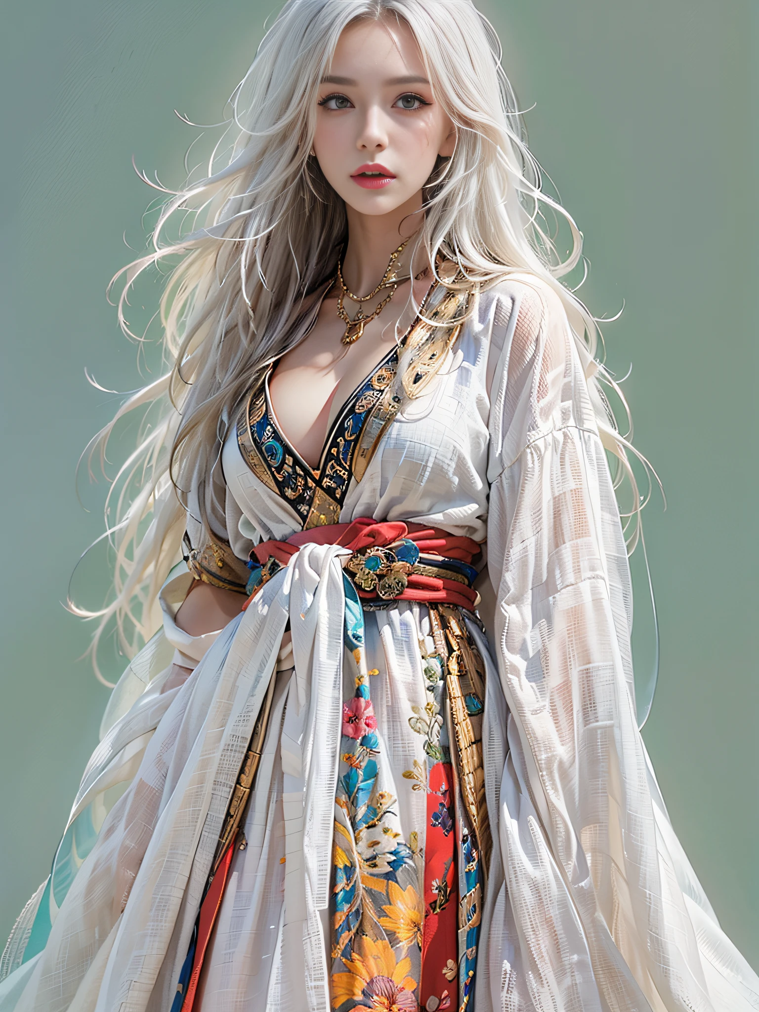 Photorealistic, high resolution, 1womanl, Solo, Hips up, view the viewer, (Detailed face), White hair, Long hair, Colorful robes, Oversized clothes, jewelry