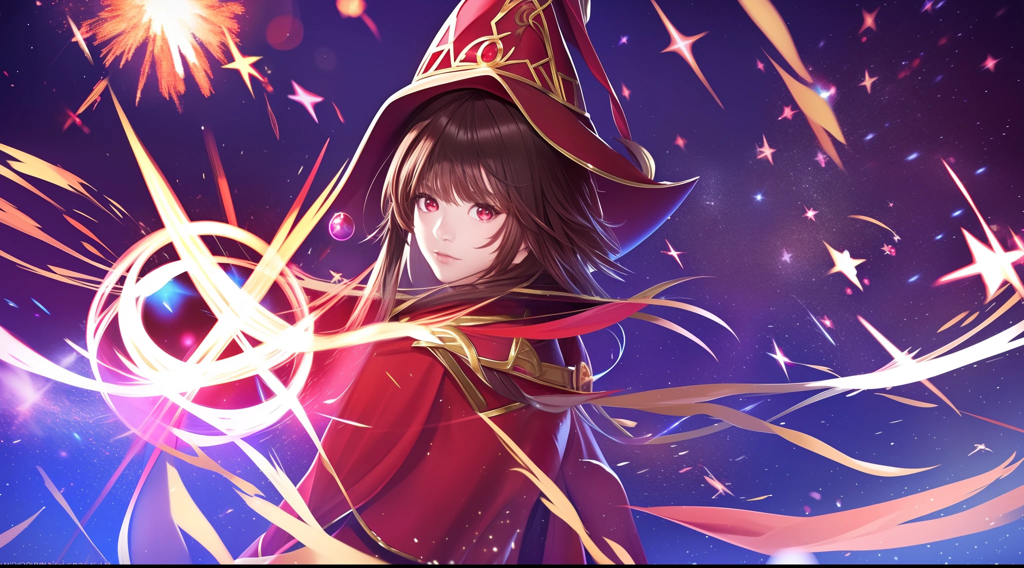 (focused upper body, only 1 girl, wearing red mage robe, sparkling red eyes, short brown hair, wearing mage hat, explosion background), nice perfect face with soft skin, intricate detail, 8k resolution, masterpiece, 8k resolution photorealistic masterpiece, professional photography, natural lighting, detailed texture,