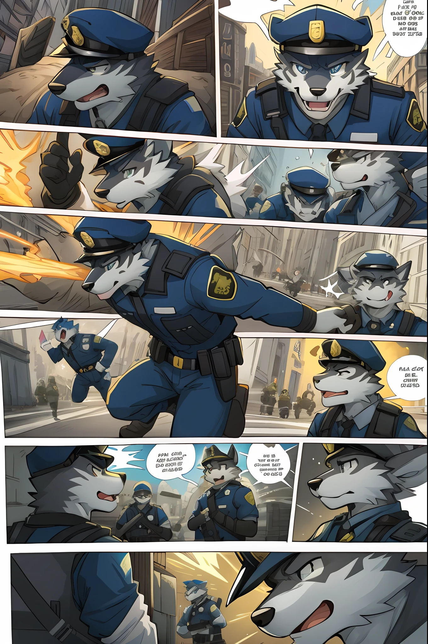 top quality, best quality, highres, masterpiece, super high resolution, detailed background, street, gasping for air(super handsome boys, dog)police officer, swat, police uniform, 6+boys, 6+girls, absurdres(highly detailed beautiful face and eyes)perfect anatomy, good lighting, cinematic shadow(kemono, furry anthro)assorted expressions, assorted poses, assorted angles, full body, upper shot, dynamic angle(boys comic-like panel layouts, speech balloon, English text, Hand-drawn sound effects stickers used in battle comic),