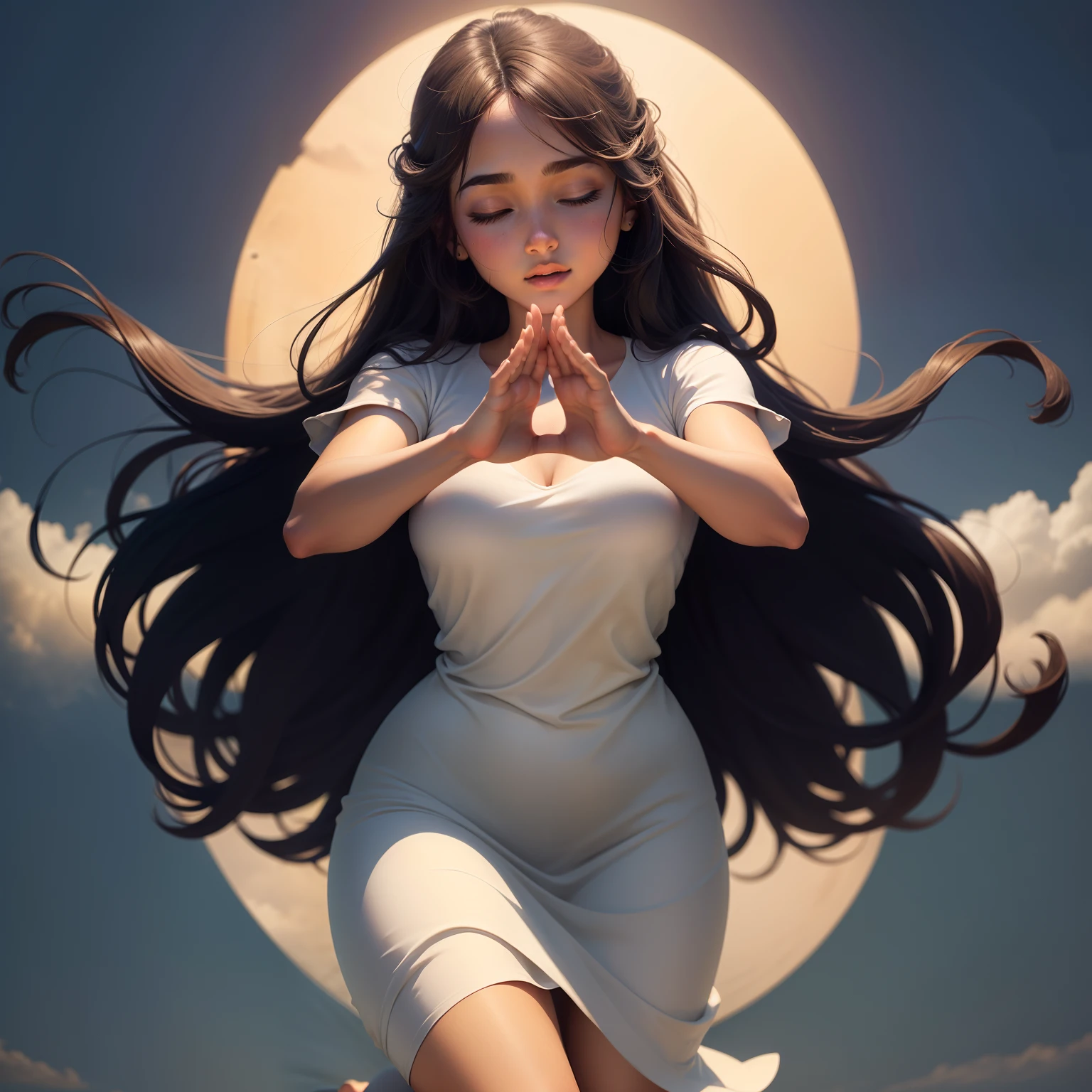 Desenhe uma imagem de uma pessoa em uma pose serena, with eyes closed and hands joined in a gesture of prayer. Convey a sense of tranquility and spirituality through the person's posture and facial expression